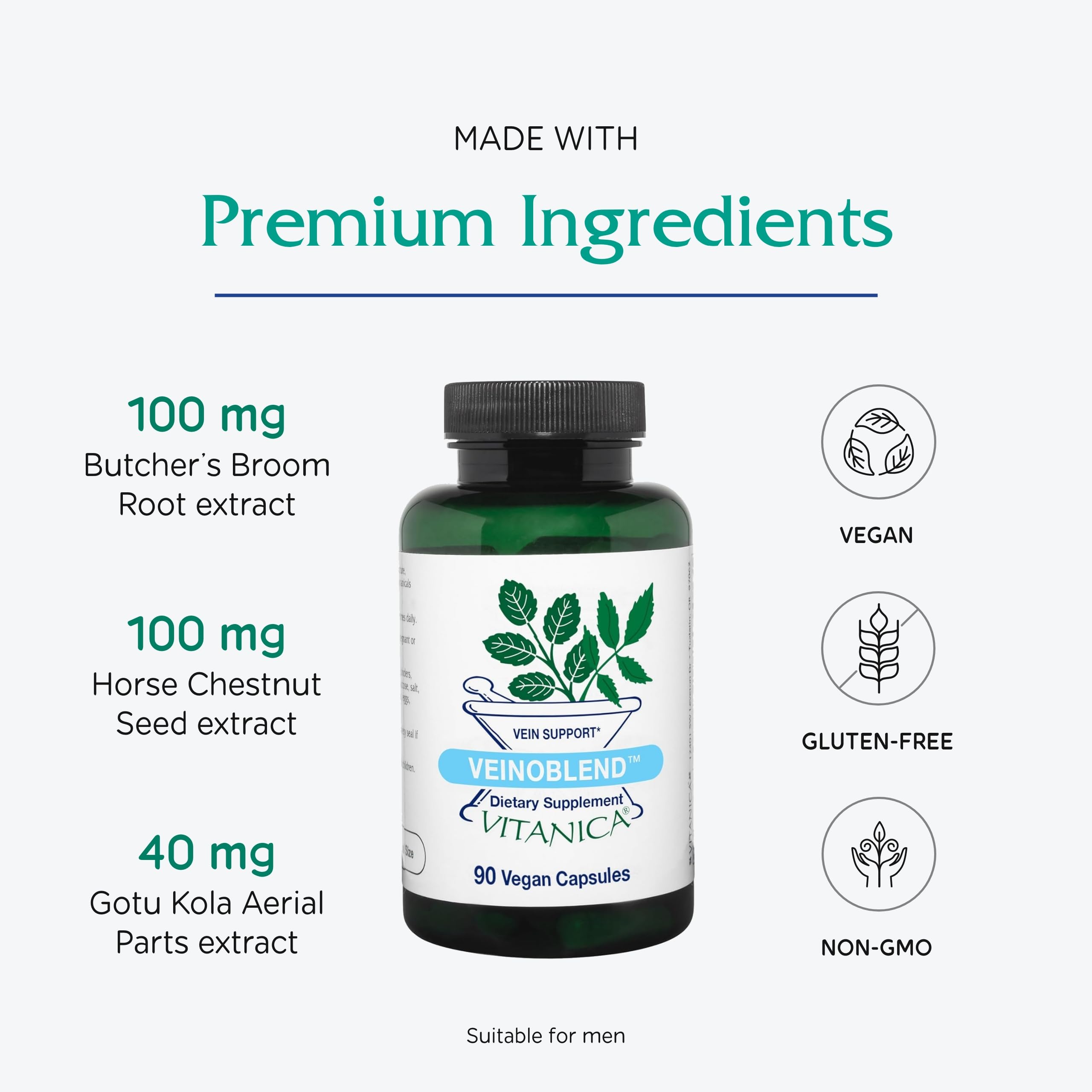 Vitanica VeinoBlend – Étiquette lisible, indiquant les ingrédients et les valeurs véganes.