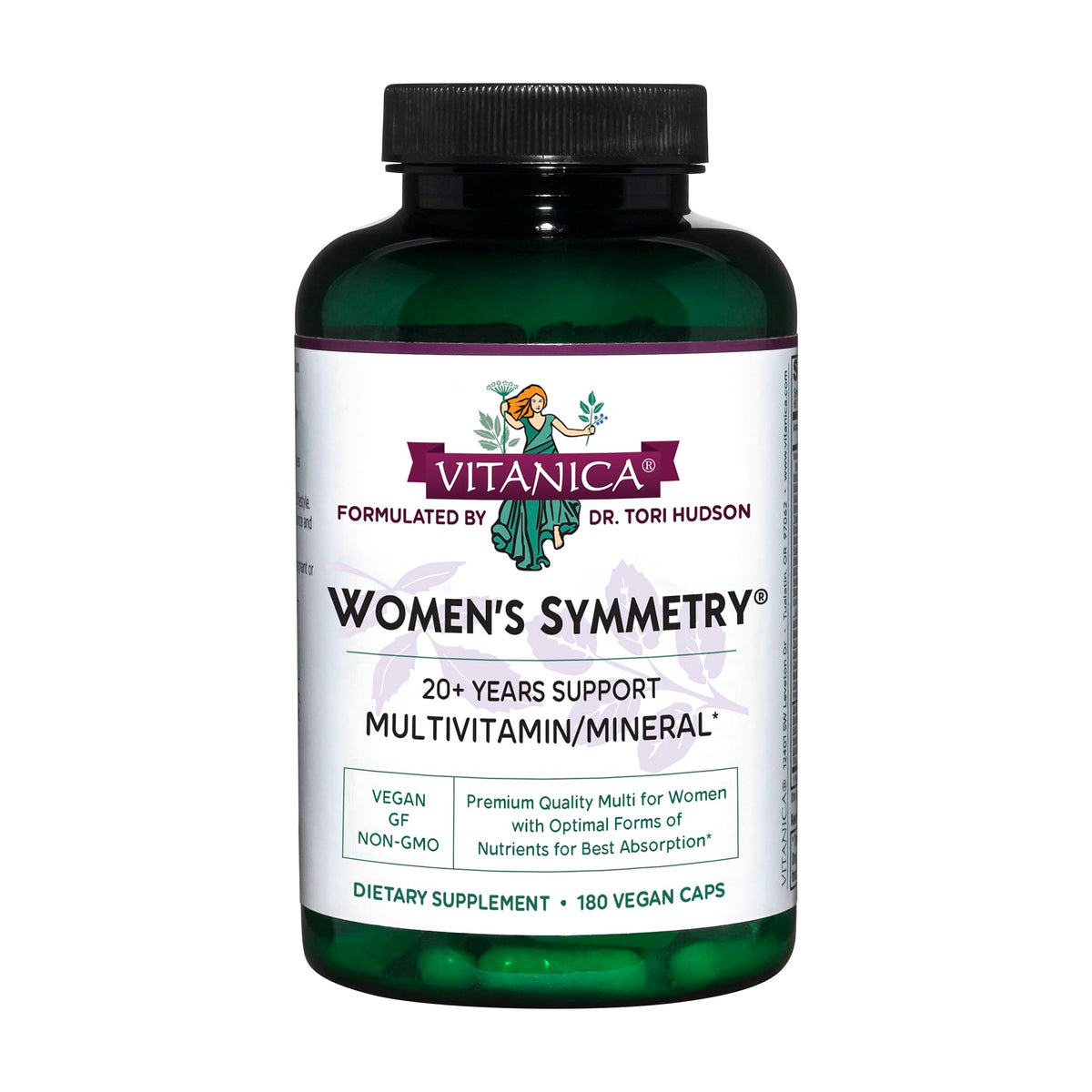 Vitanica Symmetry – bouteille montrant la formule premium pour femmes actives.
