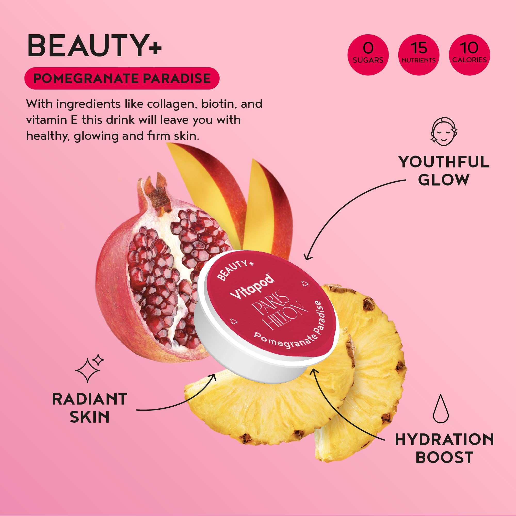 Vitapod Paris Hilton Beauty+ Pomegranate Paradise, bouteille prête à l’emploi pour une hydratation chic et pratique.