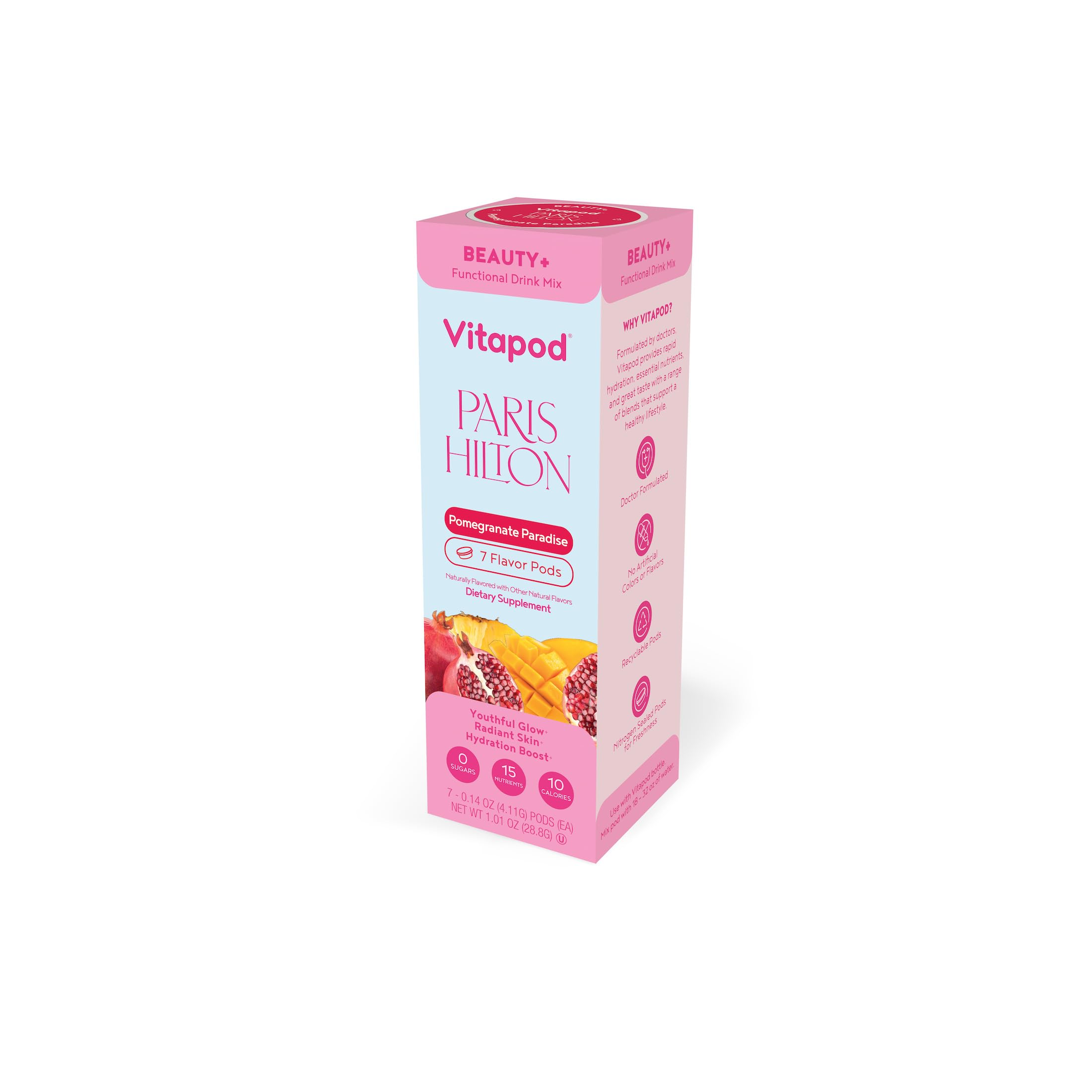Vitapod Paris Hilton Beauty+ Pomegranate Paradise, pod beauté, apporte un apport nutritionnel pour une peau lumineuse.