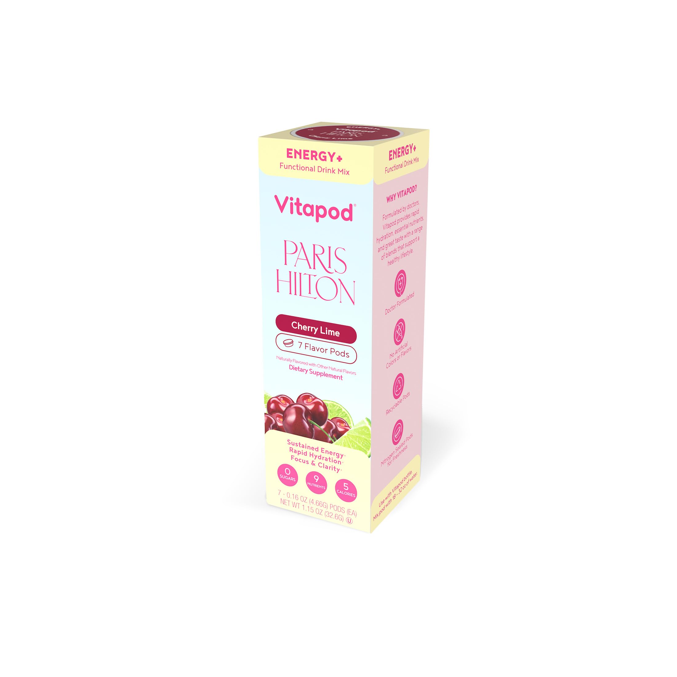 Vitapod Energy+ Paris Hilton, gout cerise citron vert, énergie durable sans sucre.