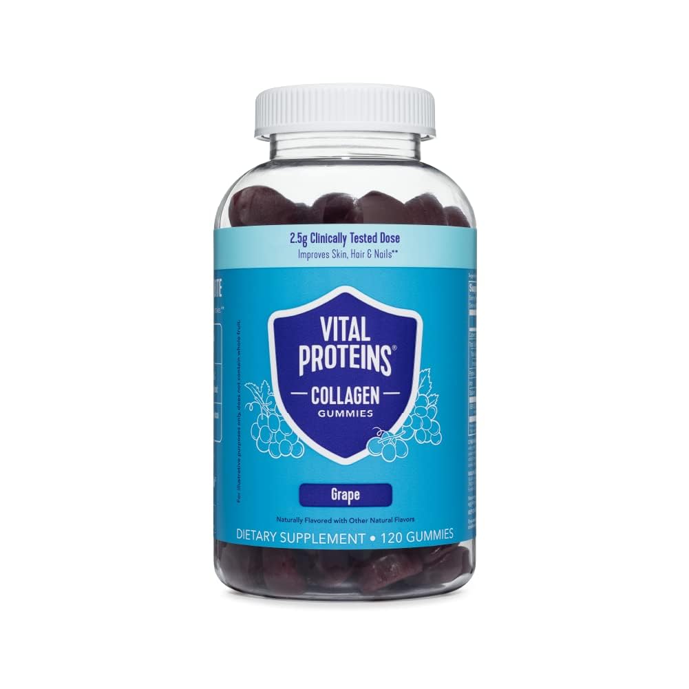 Vital Proteins Collagen Gummies, bouteille raisin, soutien cheveux et peau.