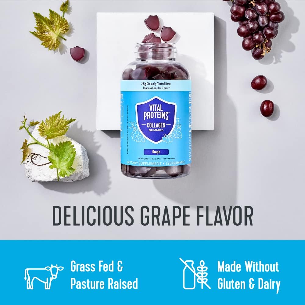 Vital Proteins Collagen Gummies, saveur raisin naturelle, sans gluten.