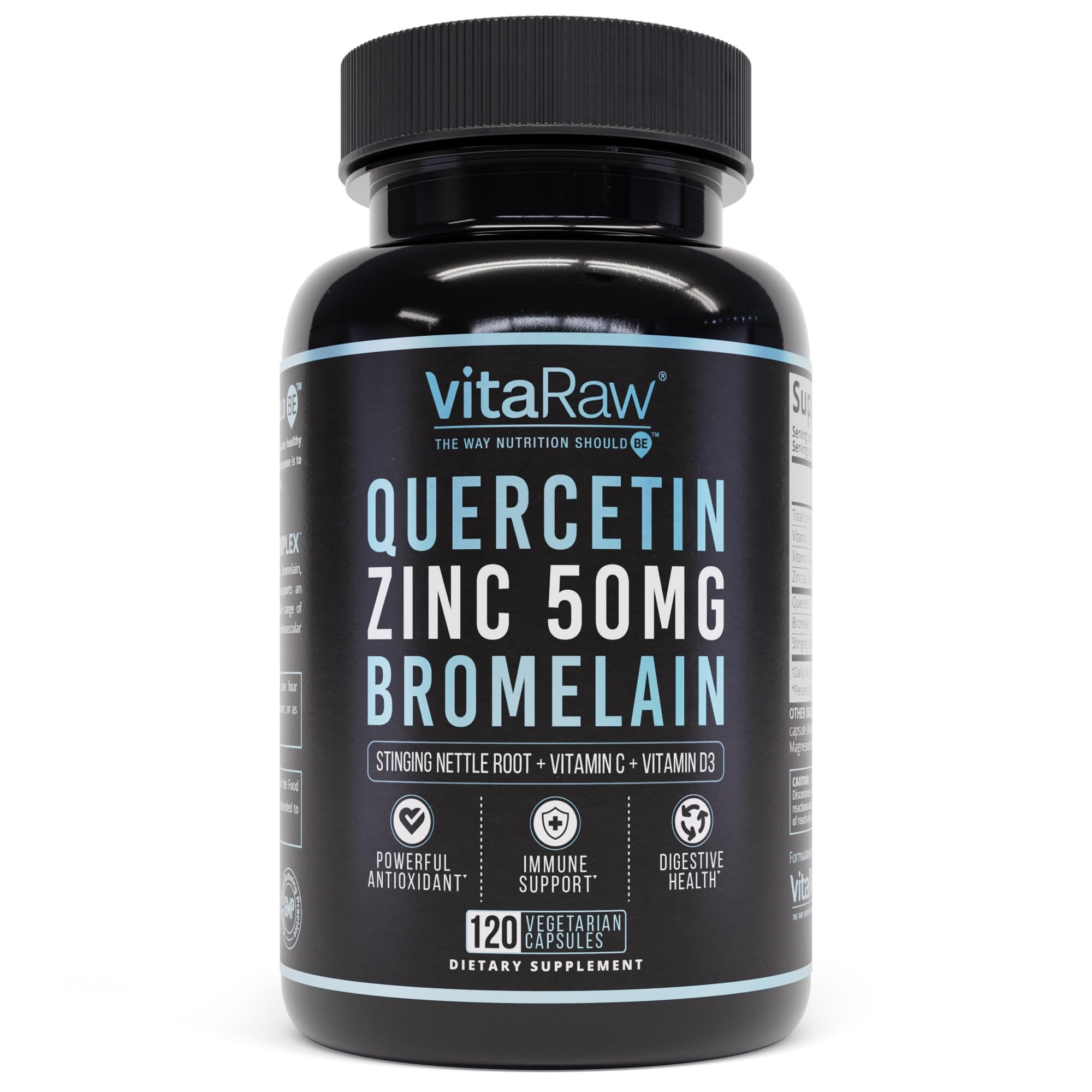 VitaRaw Quercetine Bromélaïne – bouteille, soutien immunitaire potentiel.