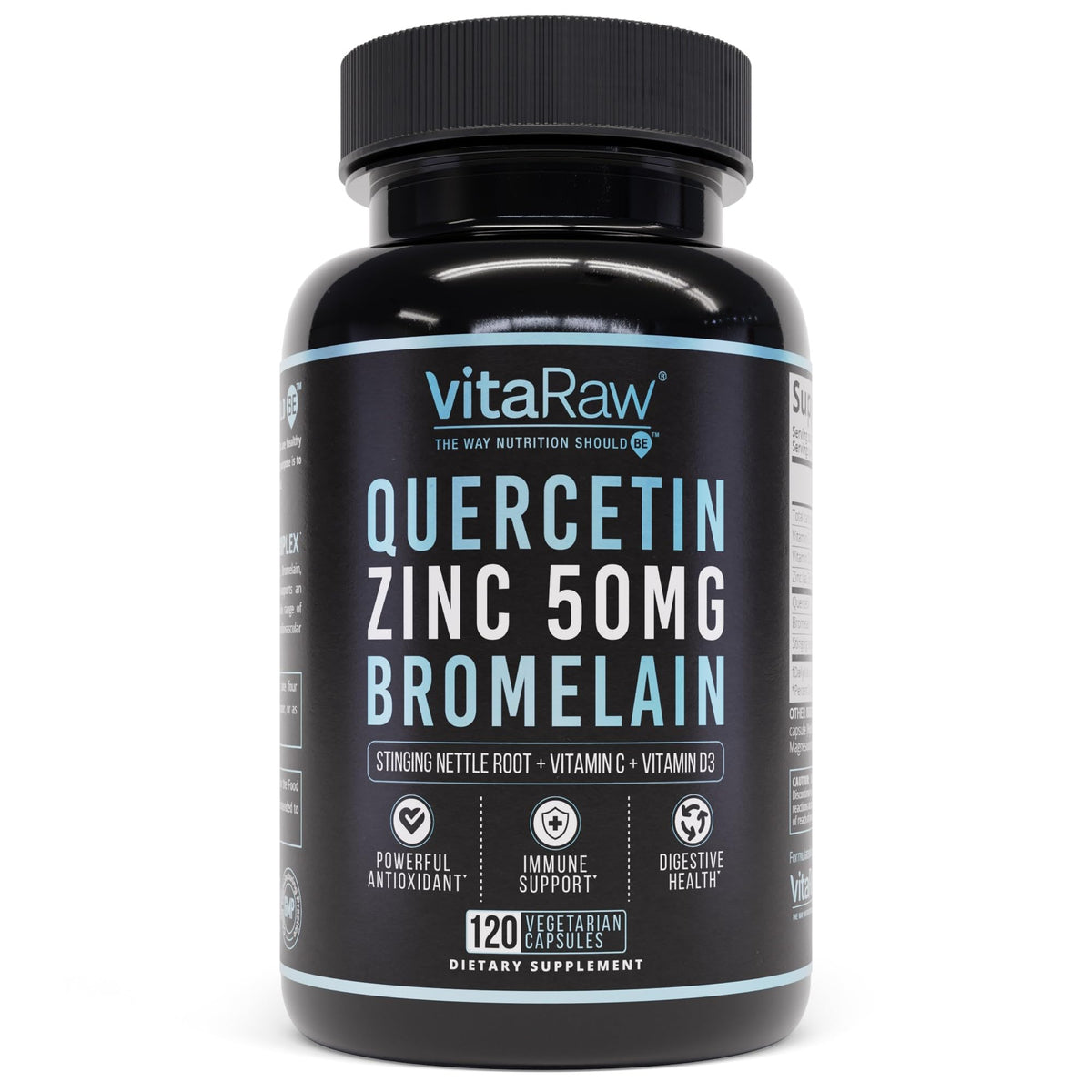 VitaRaw Quercetine Bromélaïne – bouteille, soutien immunitaire potentiel.