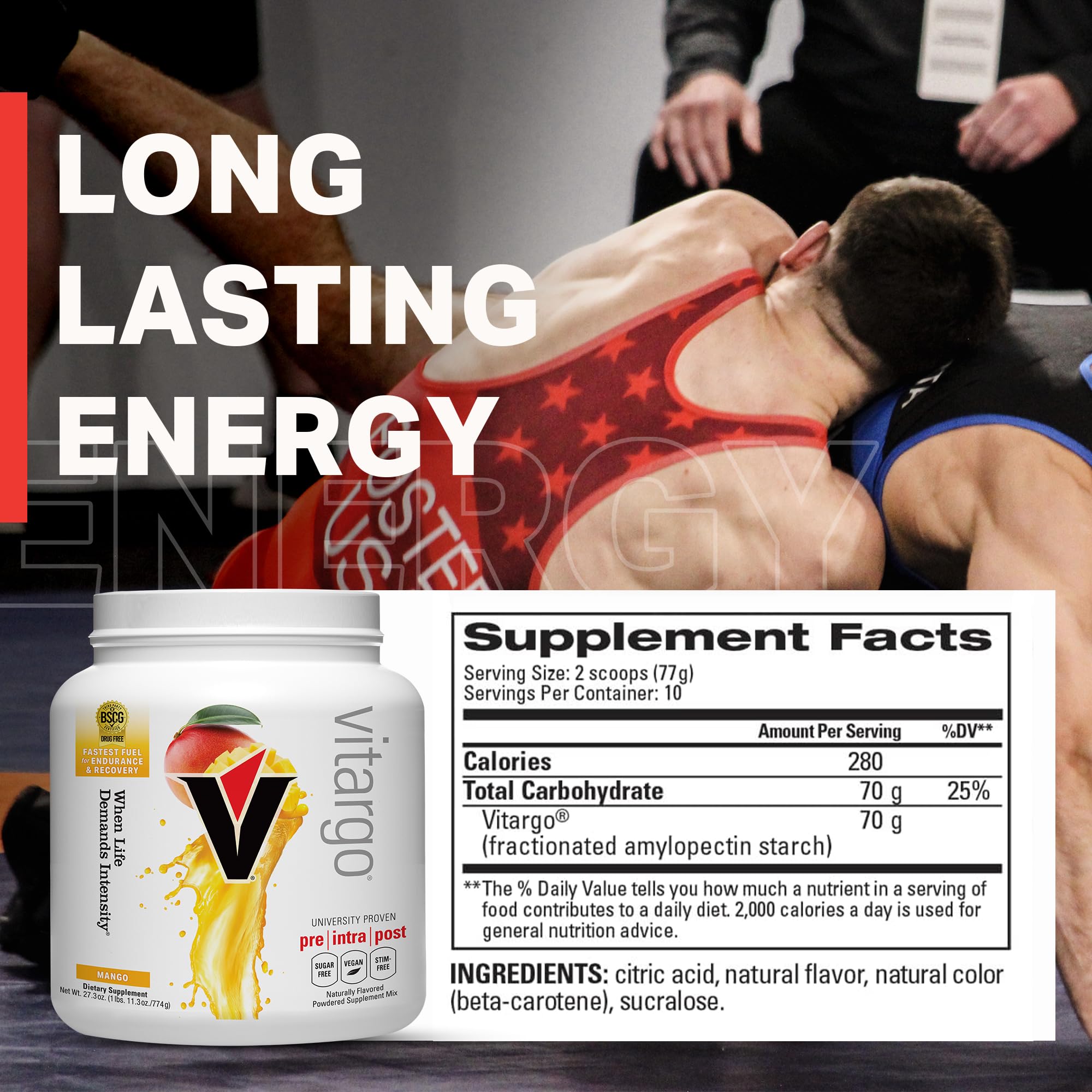Vitargo emballage États-Unis mangue, produit propre, sans sucre et certifié.