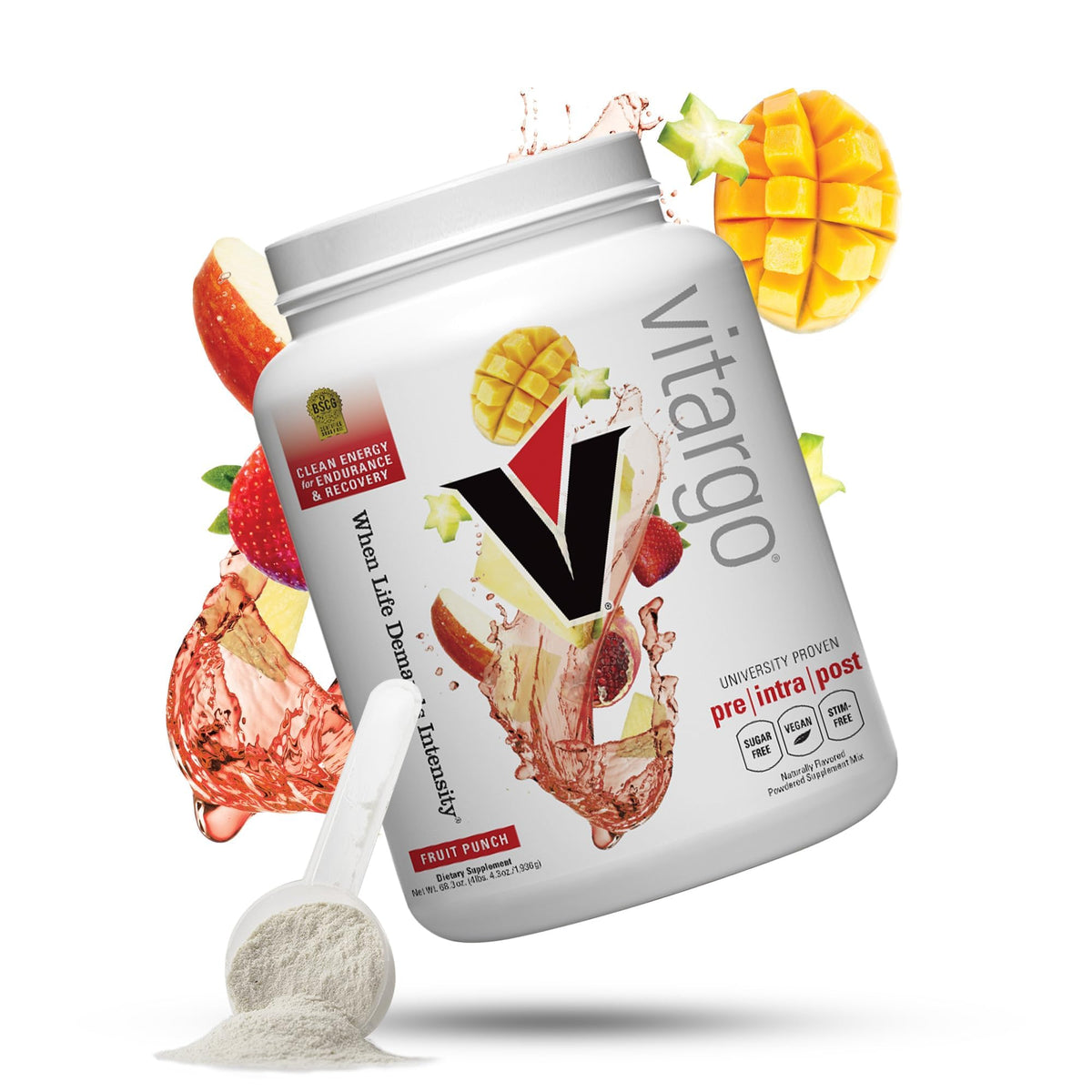 Vitargo Poudre Glucides Fruit Punch, flacon visible, carburant rapide pour l'entraînement.