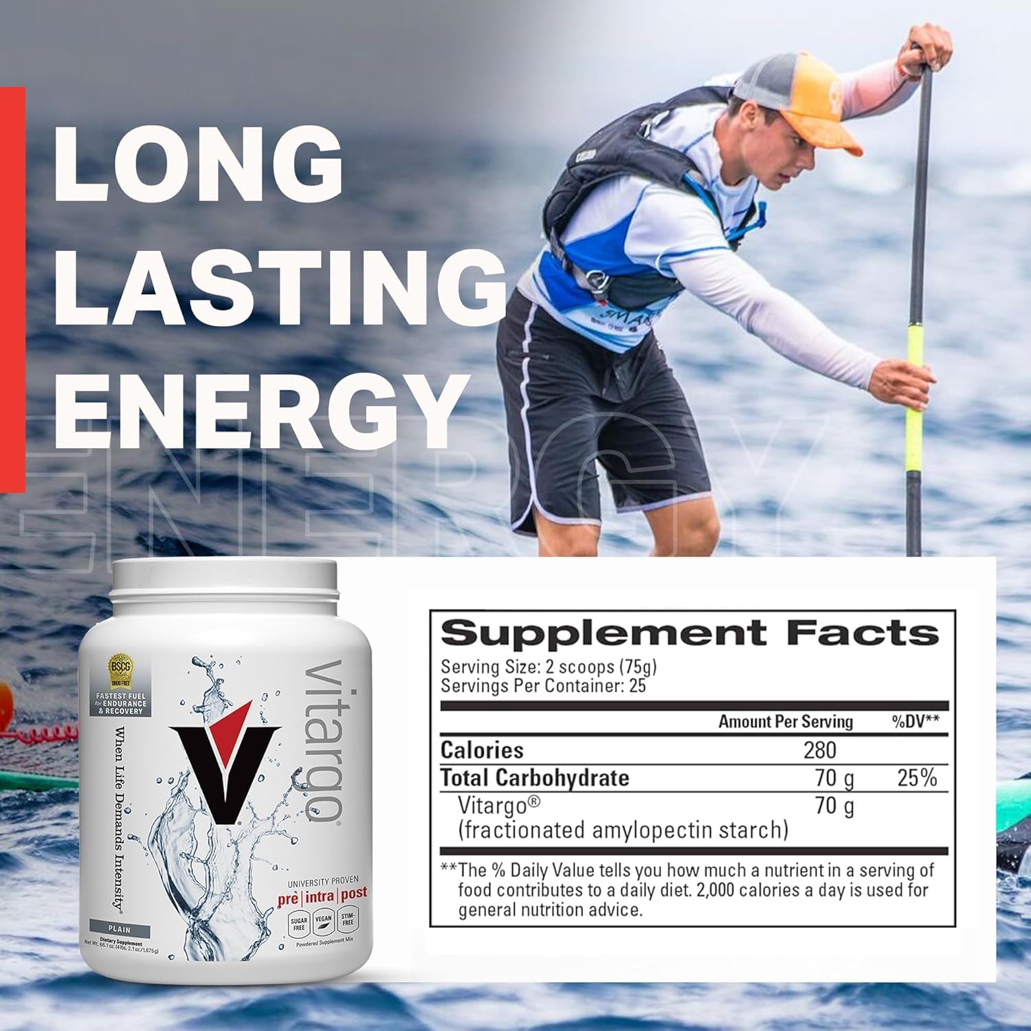 Vitargo sans sucre ajouté et sans gluten, convient à un régime végétalien.