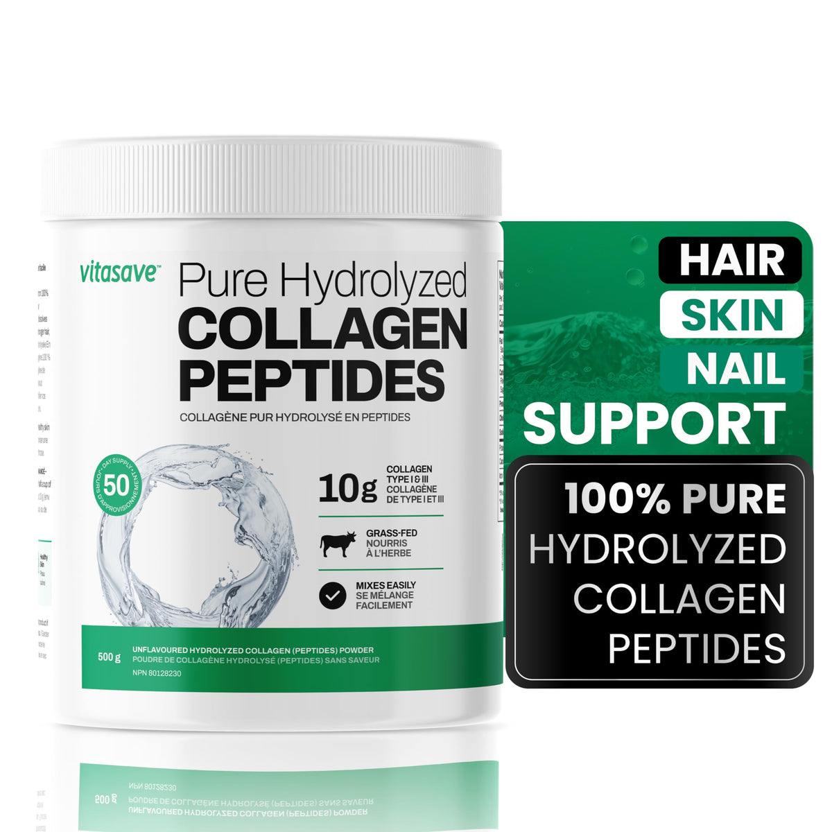Vitasave Poudre de Collagene, dose 10 g par portion pour peau et cheveux