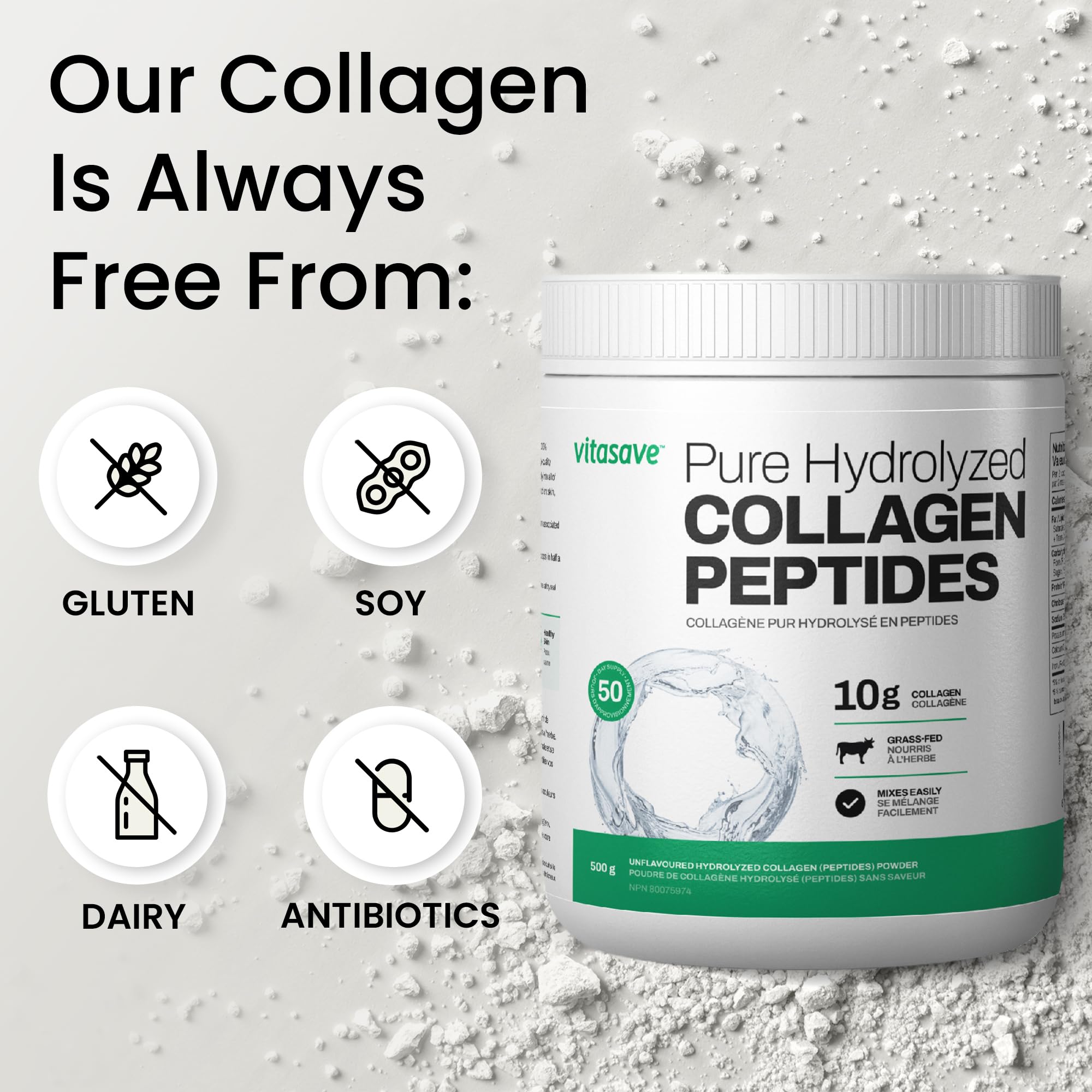Collagene Poudre Vitasave sans gout, melange facile dans boissons