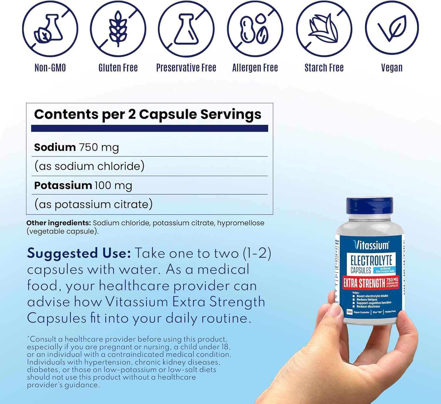 Vitassium capsules électrolytes vegan et fabriquées sans allergènes, pratique au quotidien.
