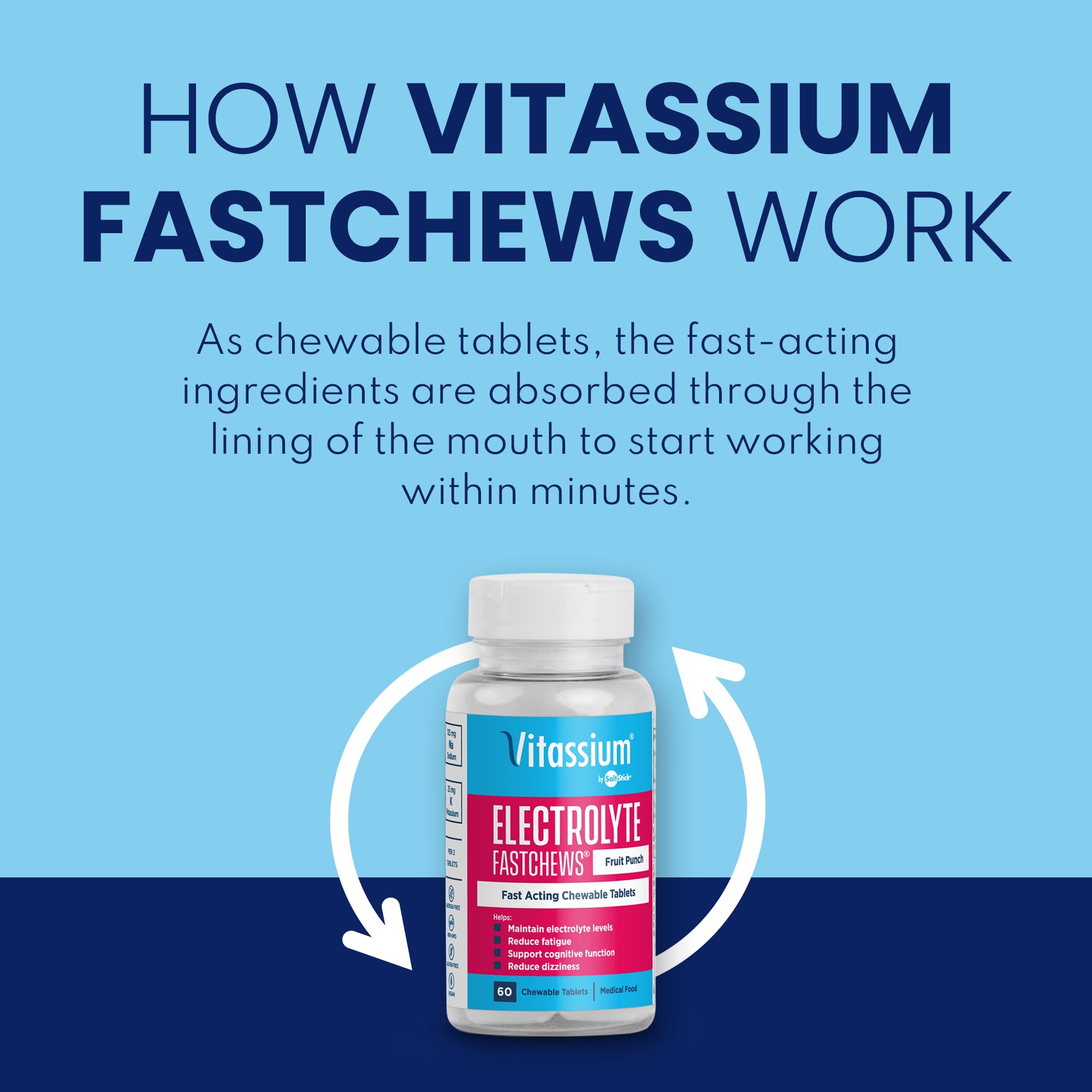 Vitassium FastChews tablettes Fruit Punch, goût agréable et absorption rapide.