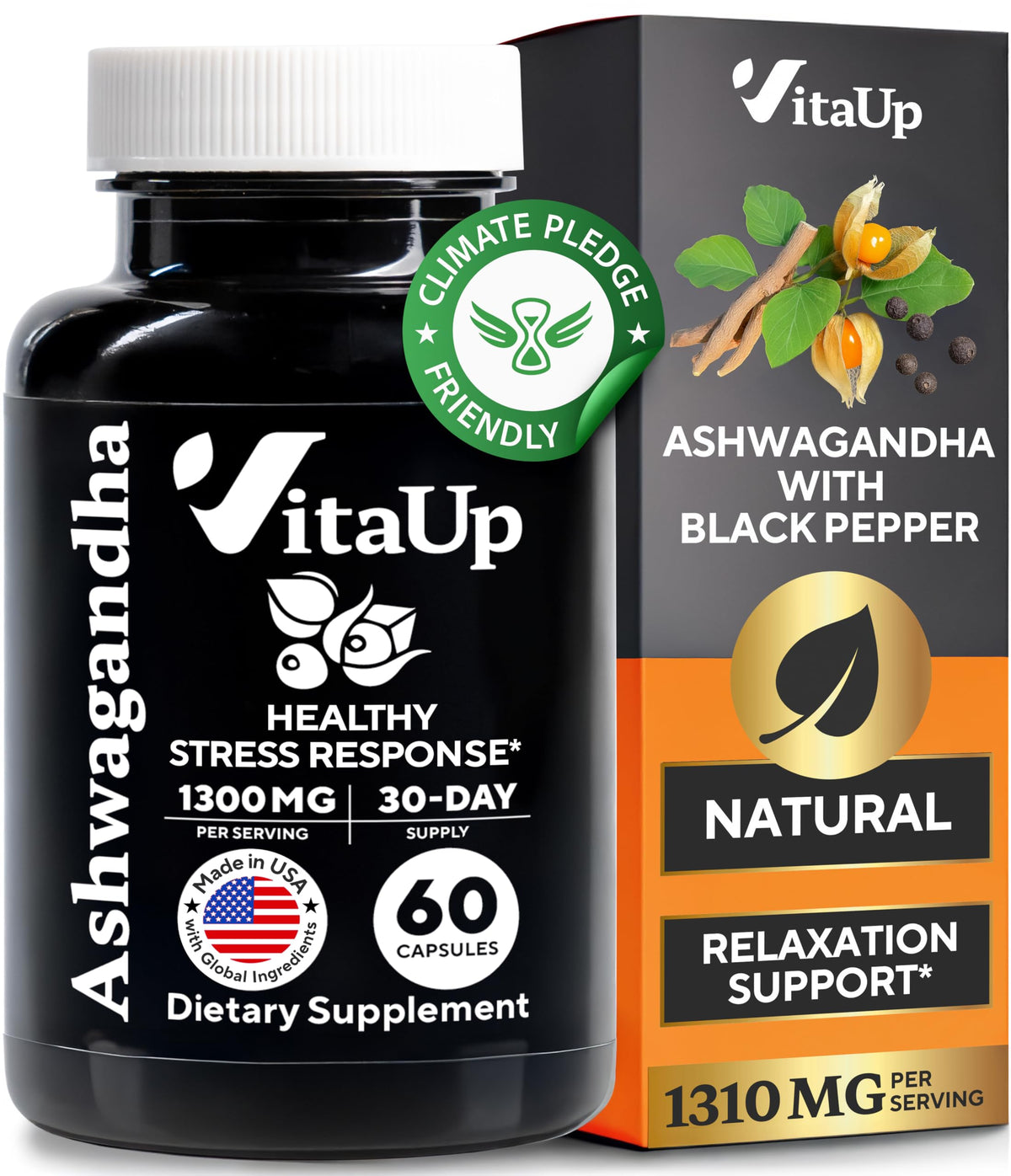 VitaUp Ashwagandha capsules 1310mg avec poivre noir pour absorption améliorée et énergie stable.
