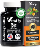 VitaUp Ashwagandha capsules 1310mg avec poivre noir pour absorption améliorée et énergie stable.