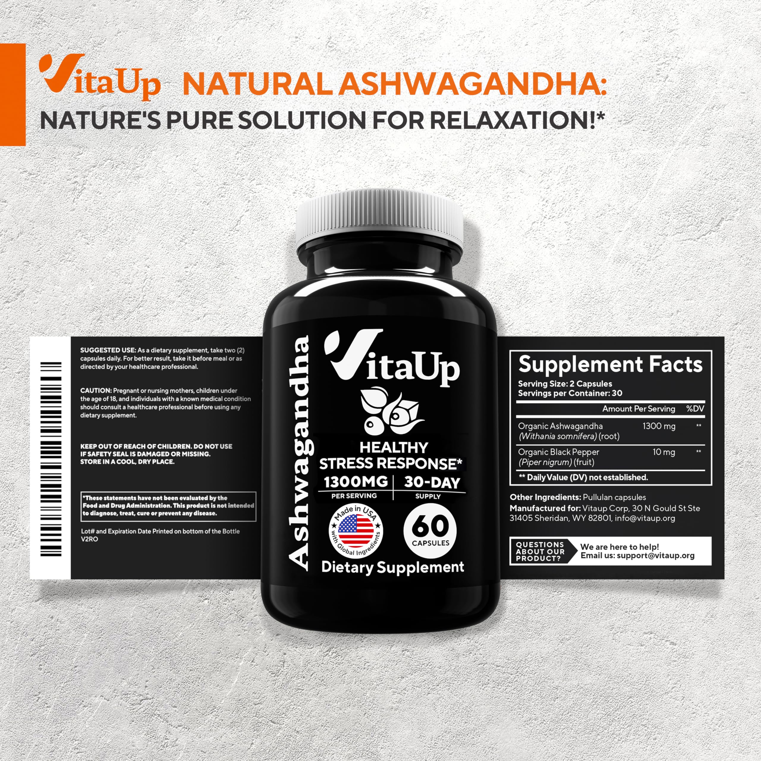 VitaUp Ashwagandha, fabriqué aux États-Unis pour une qualité contrôlée.