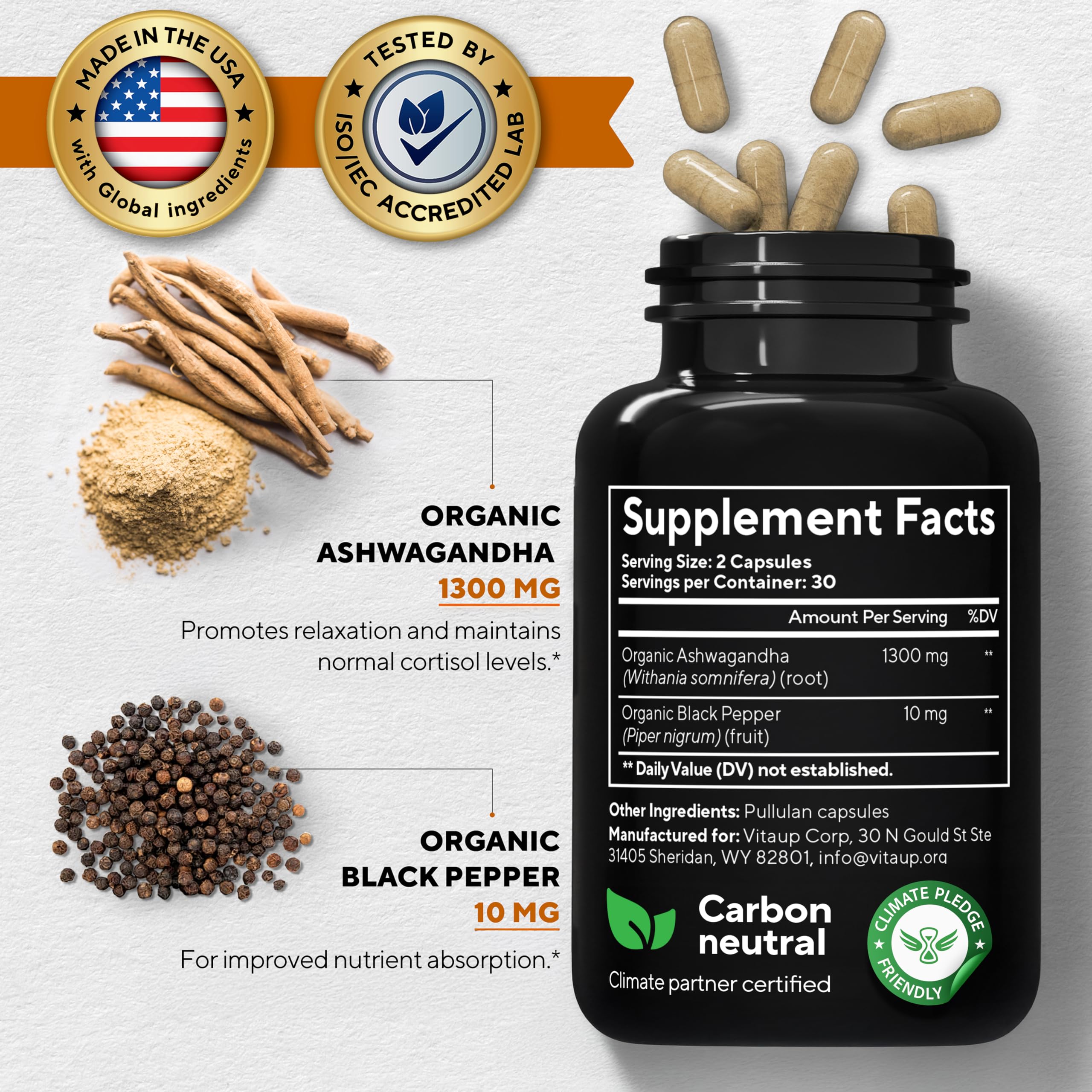 VitaUp Ashwagandha, capsules de relaxation pour calme durable au quotidien.