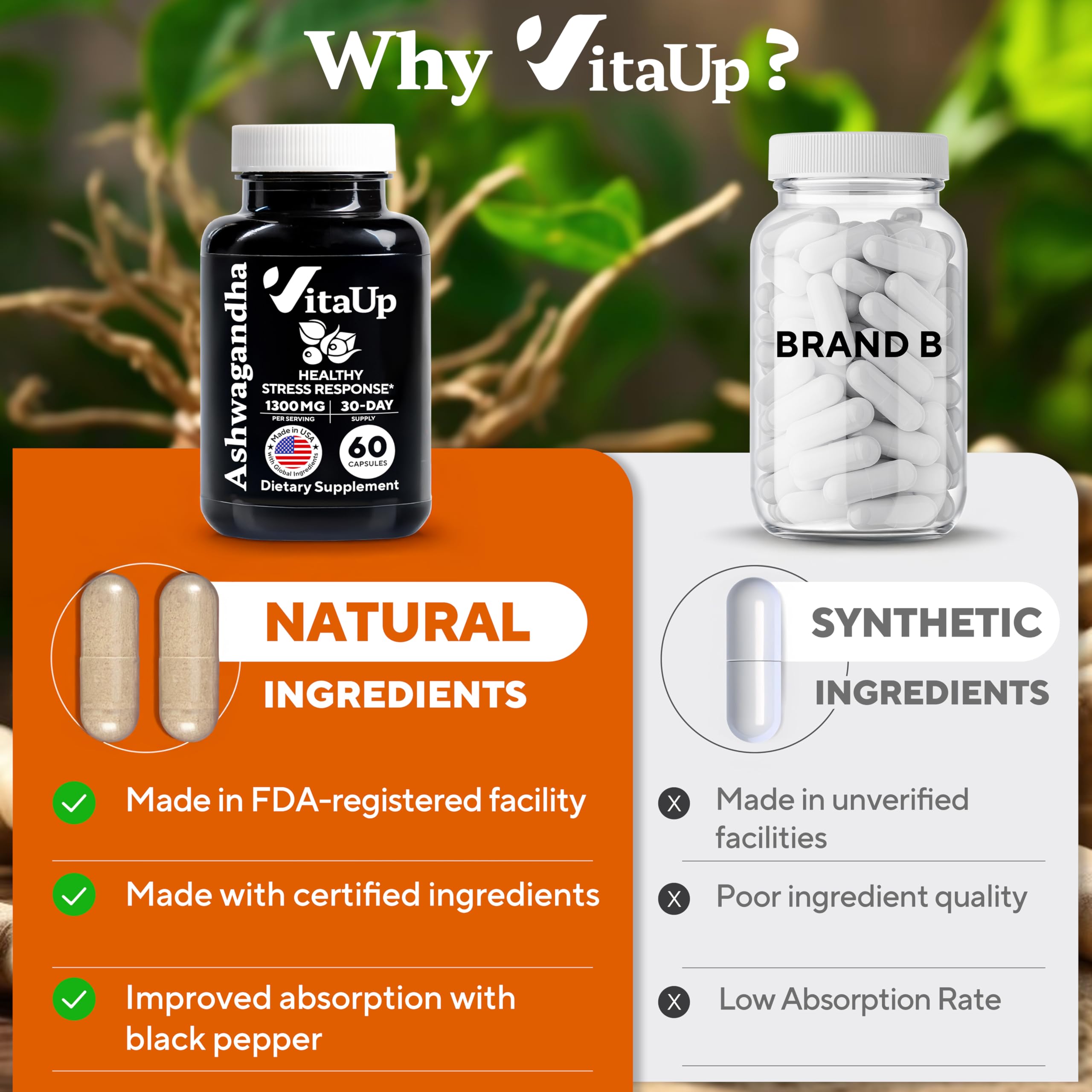 VitaUp Ashwagandha, soutien potentiel du système immunitaire et du bien-être.