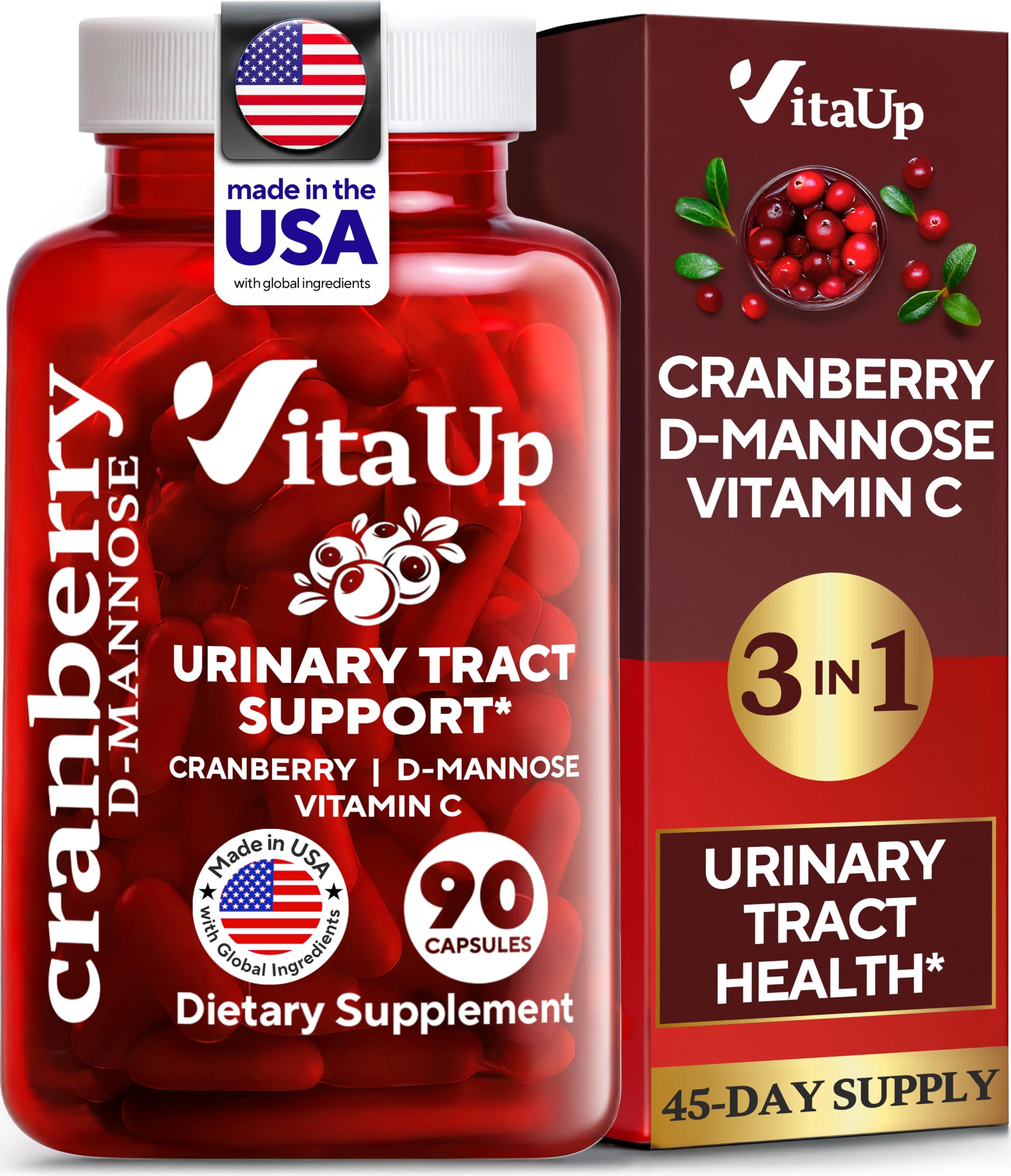 Capsules VitaUp D-Mannose et Cranberry de 1000 mg pour soutien urinaire.