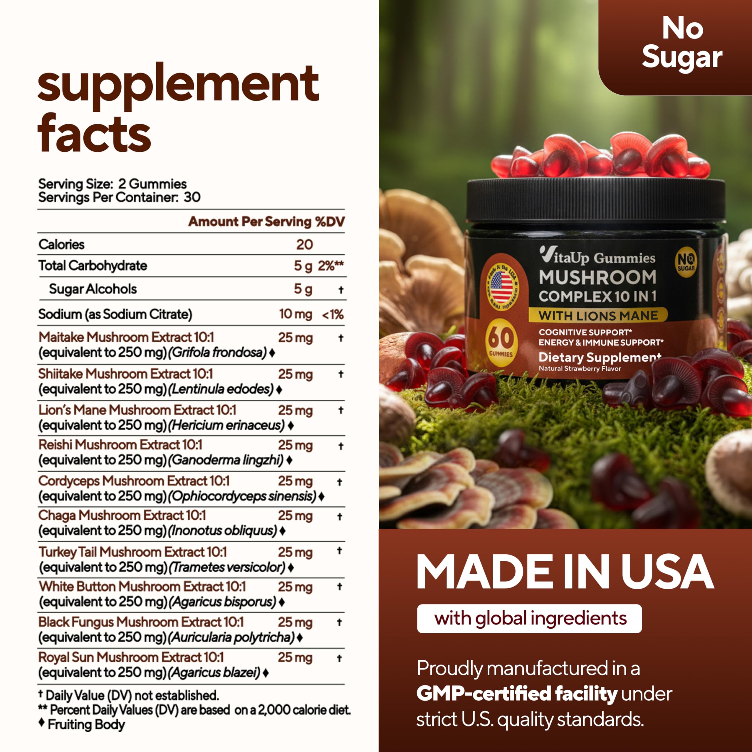 VitaUp cordyceps, gommes solides pour énergie et endurance.