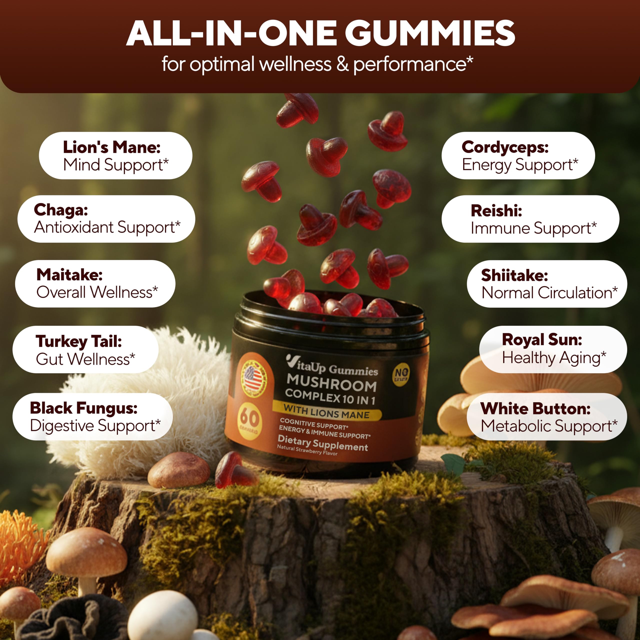 VitaUp gommes shiitake, texture agréable pour énergie durable.