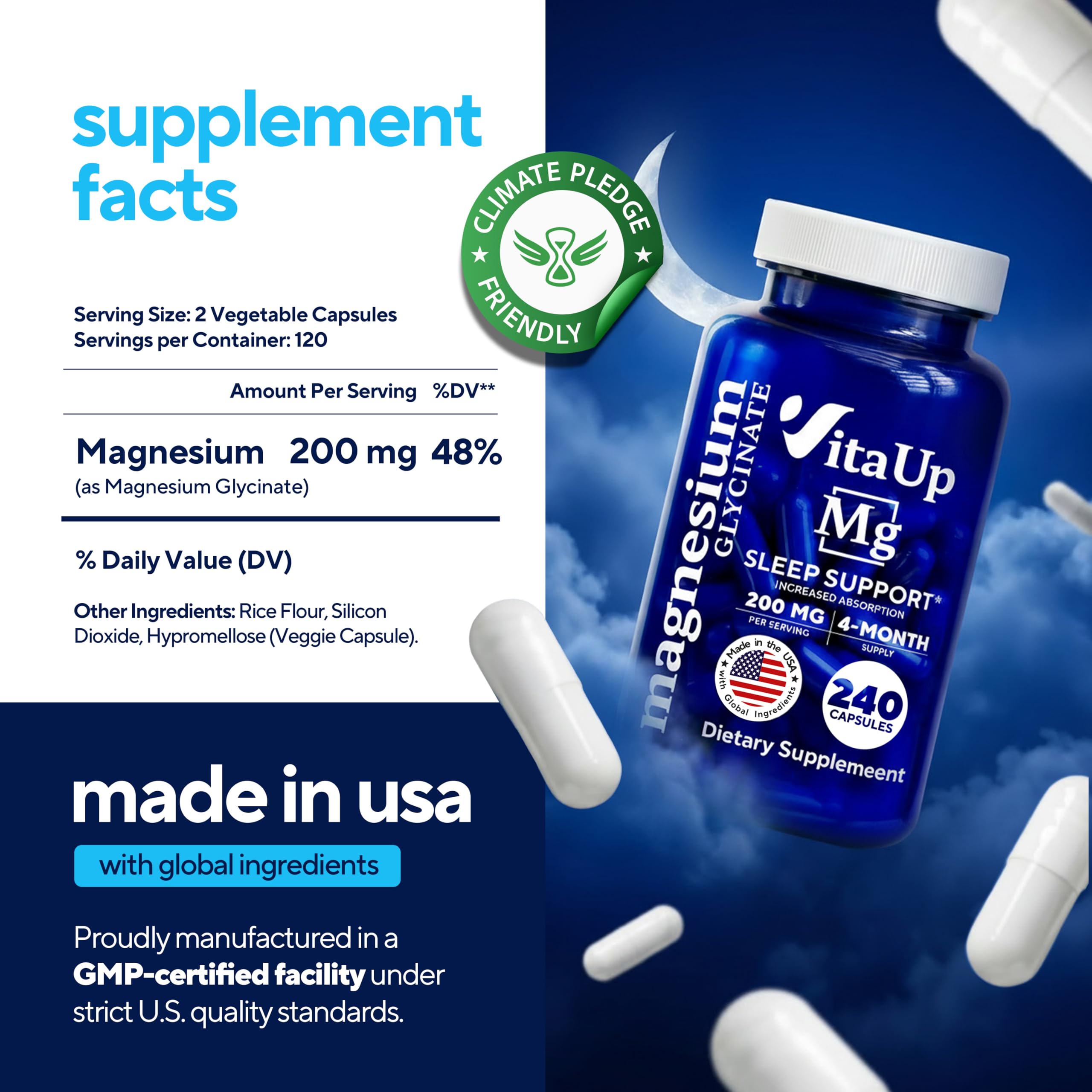 VitaUp Magnésium Glycinate – capsules faciles à avaler pour le quotidien.