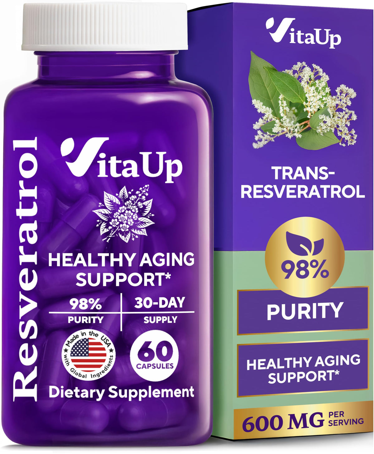 VitaUp Trans-Resveratrol dans bouteille, pureté élevée et énergie potentielle.