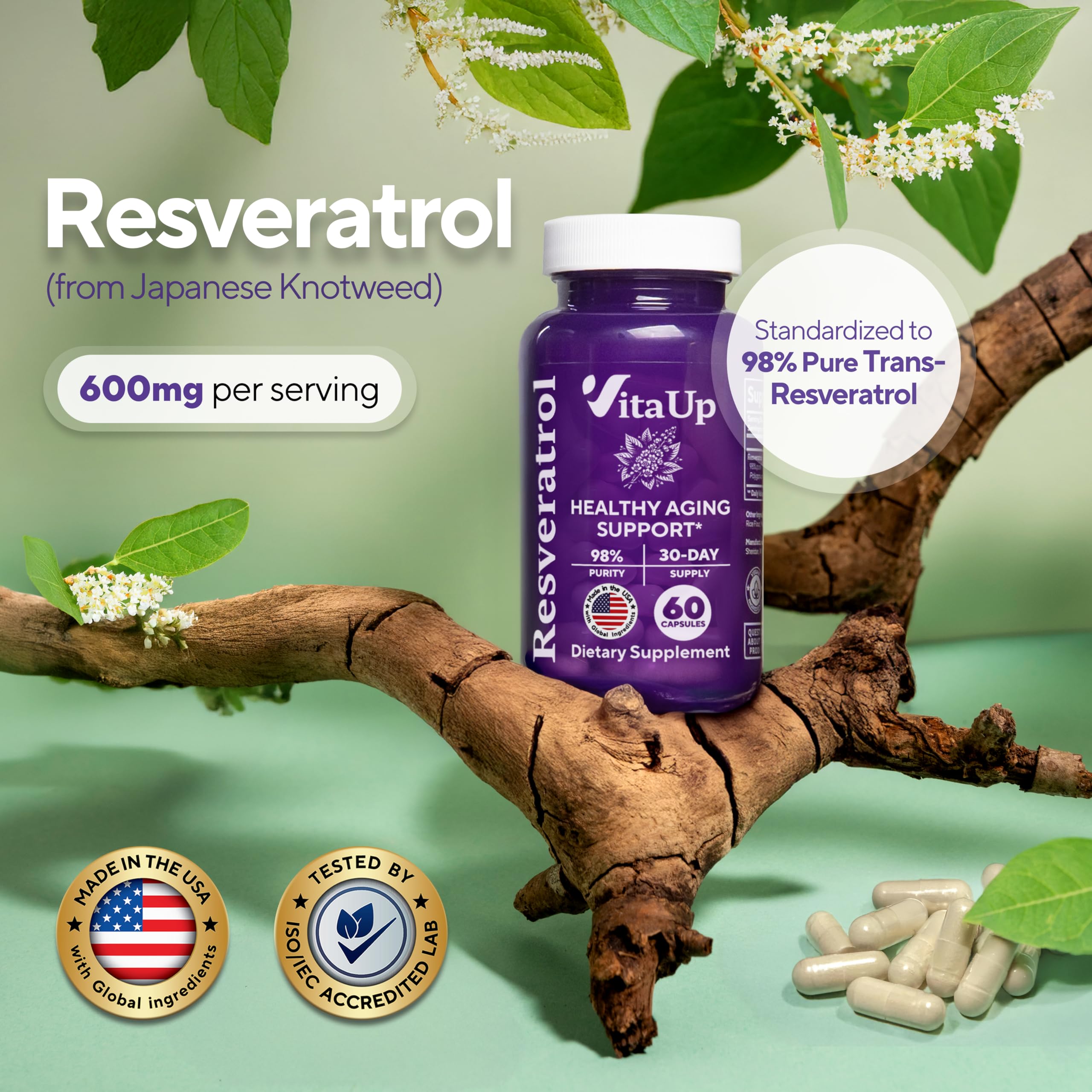 Capsules VitaUp Trans-Resveratrol, dosage pratique pour soutien antioxydant.