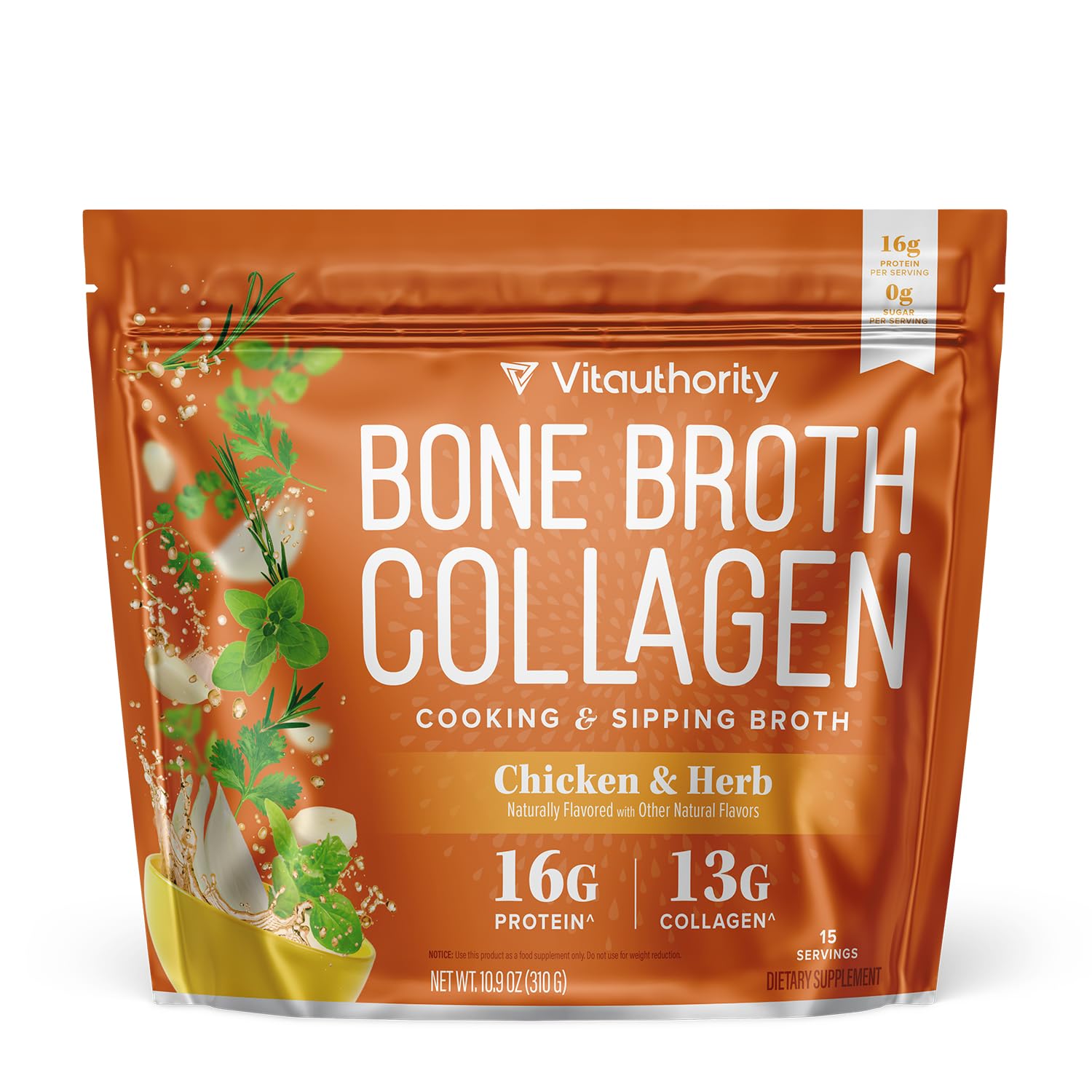 Vitauthority Bouillon Collagène Poulet-Nouilles en poudre, boost protéique.