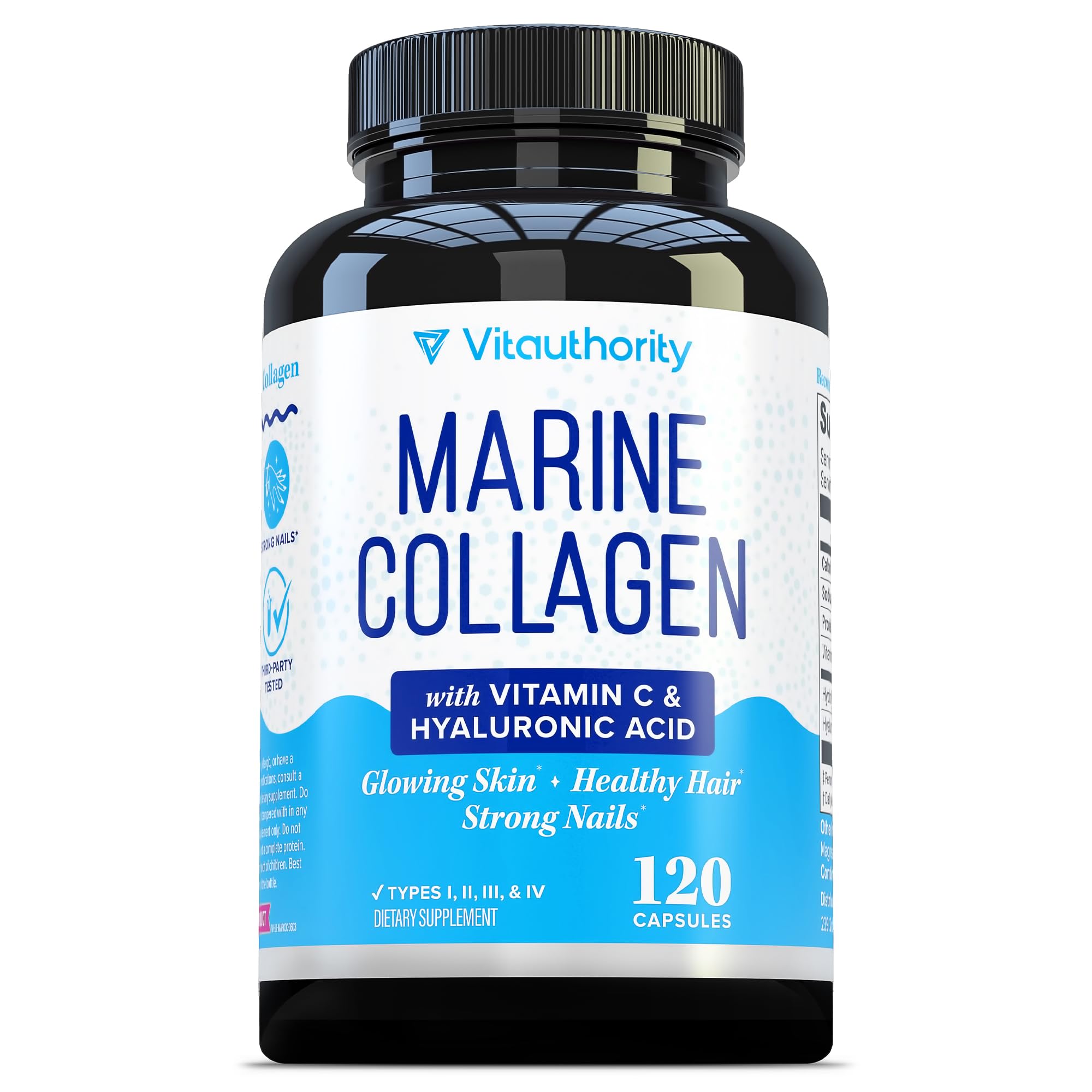 Vitauthority collagène marin en capsules dans une bouteille, hydratation peau potentielle.