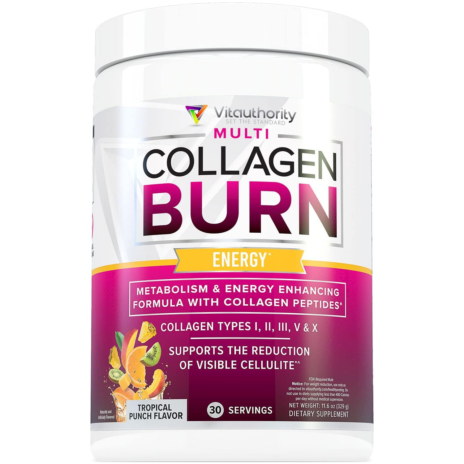 VitAuthority Multi Collagen Burn – bouteille visible, soutien potentiel à l'élasticité de la peau.