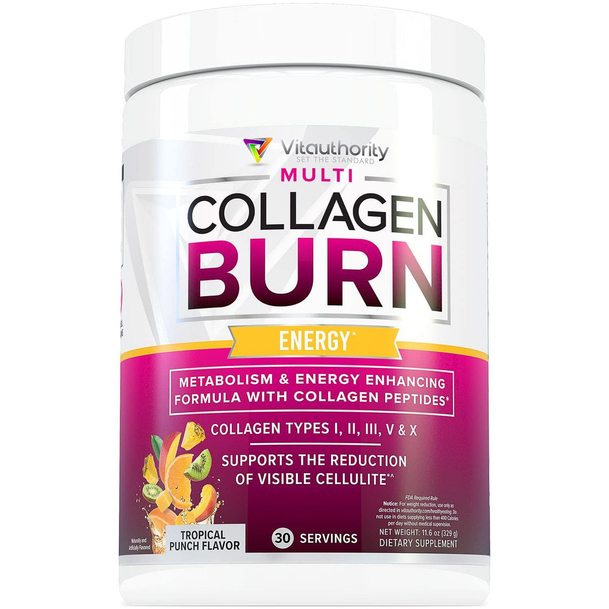 VitAuthority Multi Collagen Burn – bouteille visible, soutien potentiel à l'élasticité de la peau.