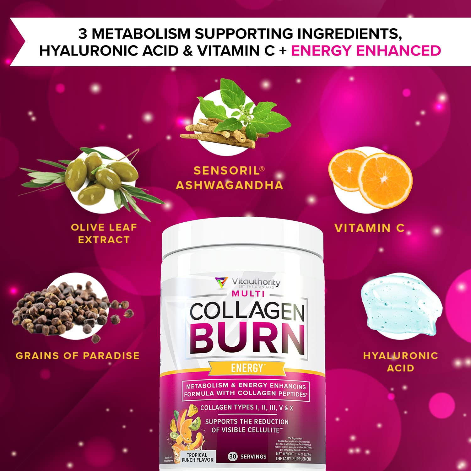 VitAuthority Multi Collagen Burn – caféine, énergie quotidienne et concentration renforcée.