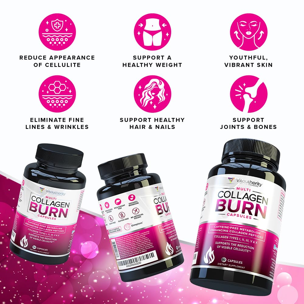 Vitaauthority Multi Collagen Burn, capsules en gros plan, contrôle des portions et commodité.