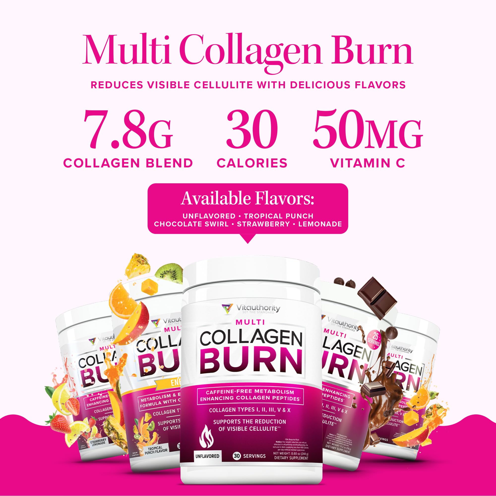 Vitaauthority Multi Collagen Burn, vitamine C incluse, soutien potentiel de la vitalité cutanée.