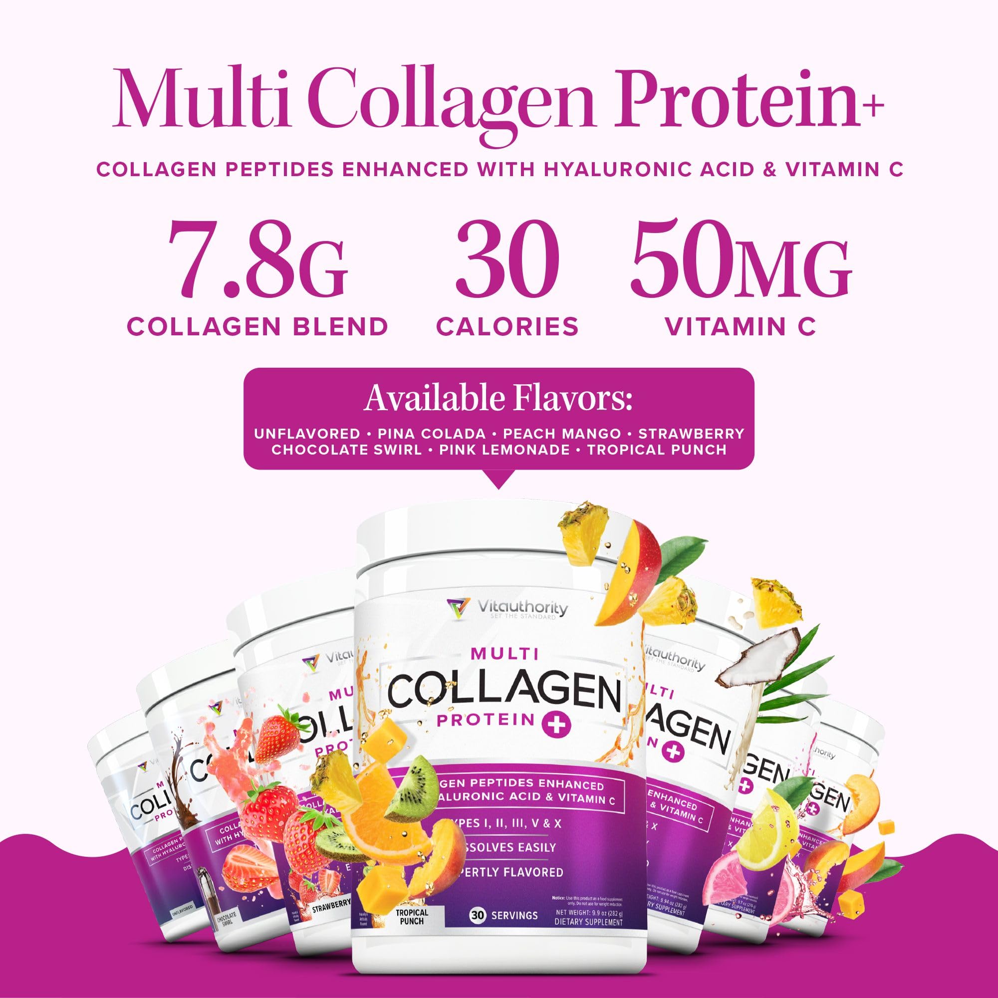 Vitaauthority Multi Collagen Poudre, aperçu des ingrédients clés et sources.