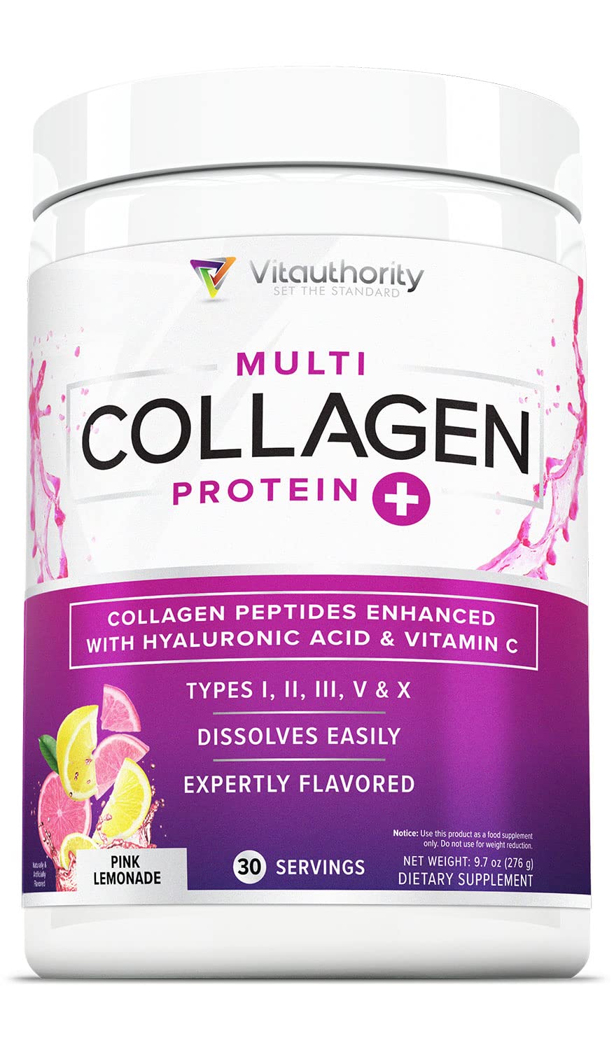 Vitaauthority Multi Collagen Poudre, bouteille citron-rose, idéal pour nourrir peau et cheveux.