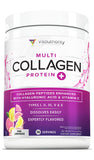 Vitaauthority Multi Collagen Poudre, bouteille citron-rose, idéal pour nourrir peau et cheveux.