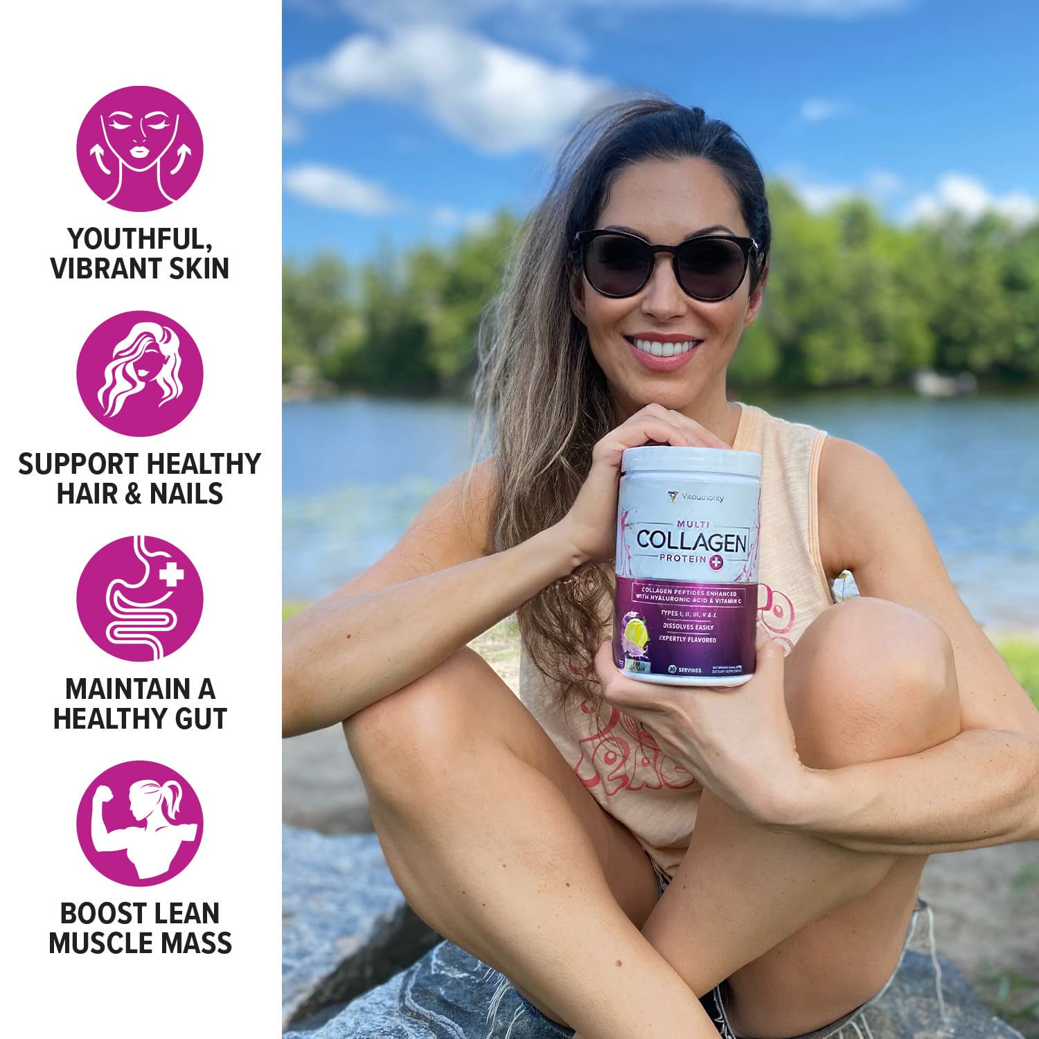 Vitaauthority Multi Collagen Poudre, préparation dans un verre pour une boisson agréable.