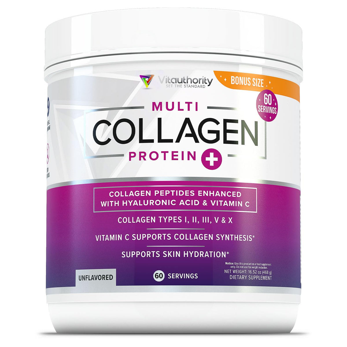 Vitauthority Multi Collagen Poudre pour Femmes, pot, usage quotidien pour la beauté et la souplesse.