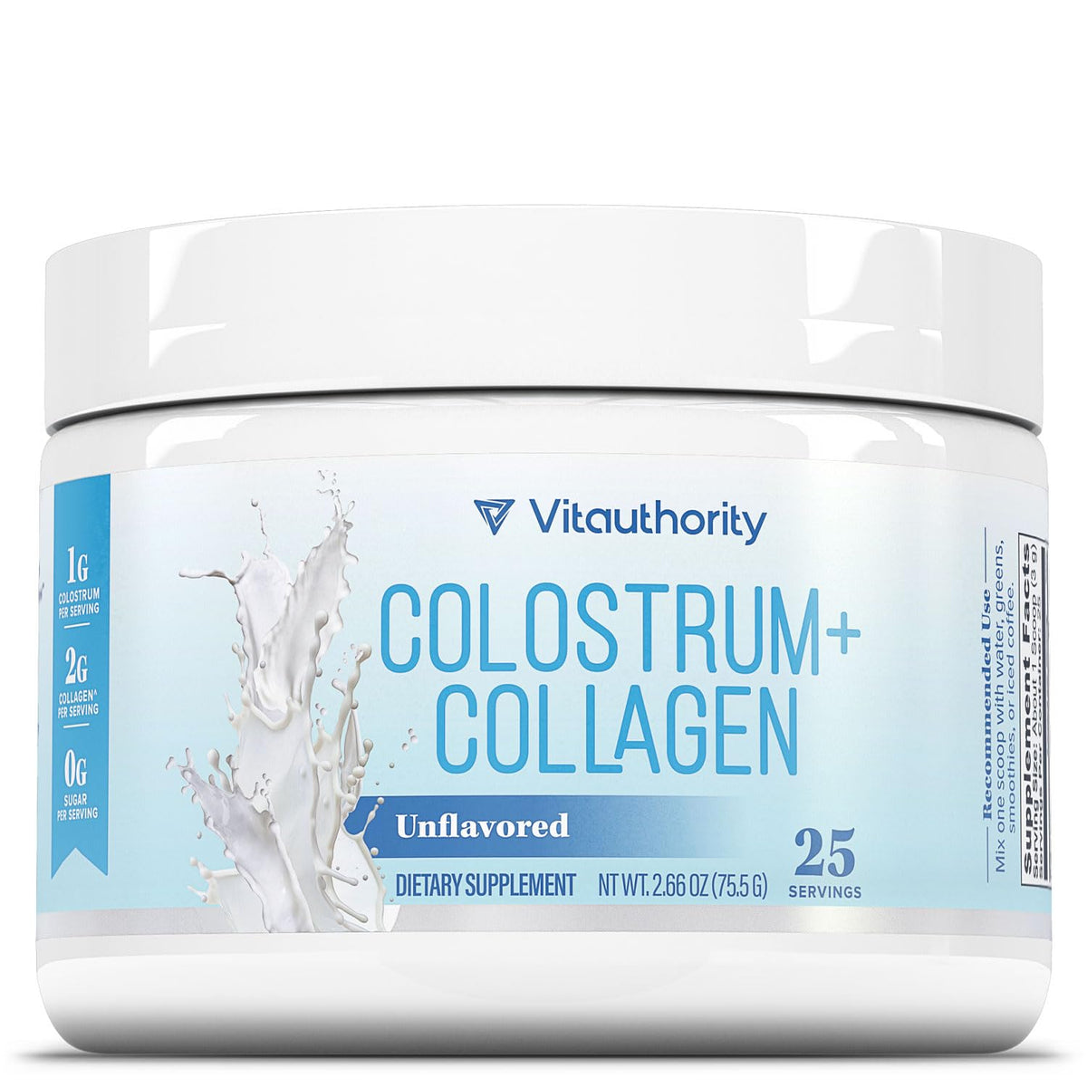 Poudre Vitauthority Colostrum-Collagène en sachet, mélange rapide dans l'eau.