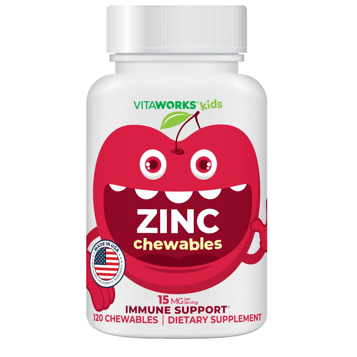 VitaWorks Zinc pour enfants, bouteille cerise, soutien immunitaire potentiel.