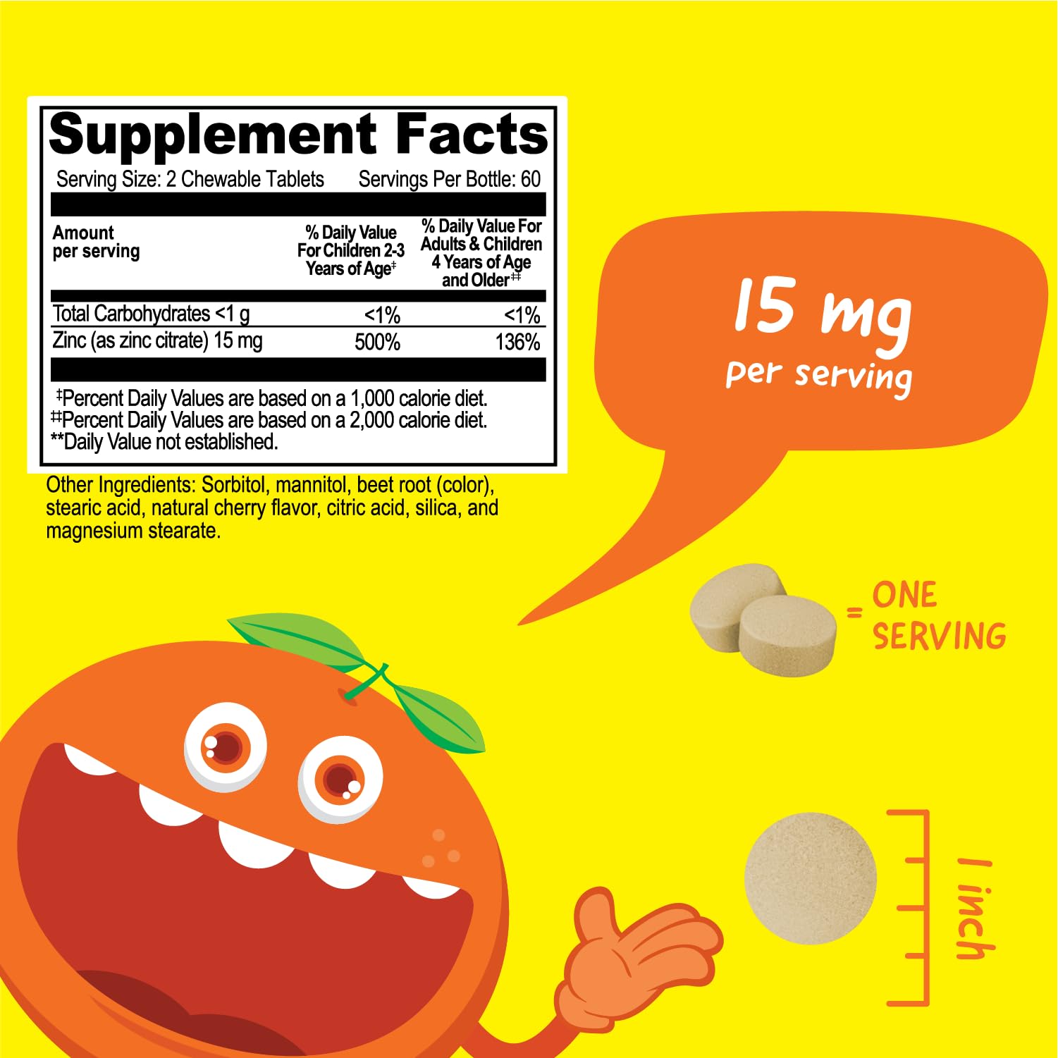 VitaWorks Zinc pour enfants, étiquette naturelle et ingrédients non allergènes.