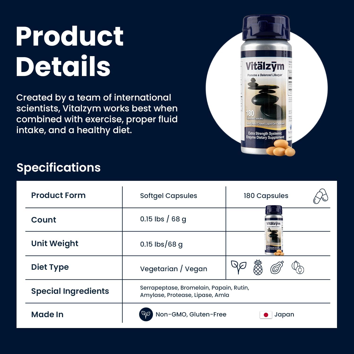 VITÄLZYM ingrédients Serrapeptase, Bromélaïne et Papain, soutien potentiel à la récupération.