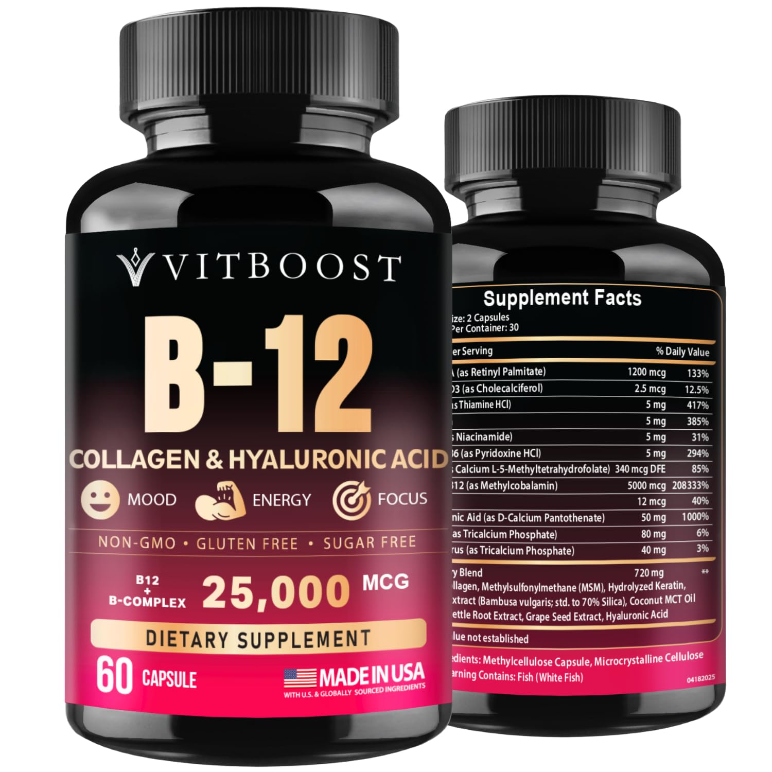Bouteille Vitboost B12 25000 mcg prête à soutenir énergie et concentration.