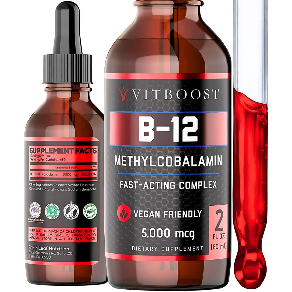 VitBoost B12 gouttes liquides framboise en bouteille, énergie potentielle au quotidien.
