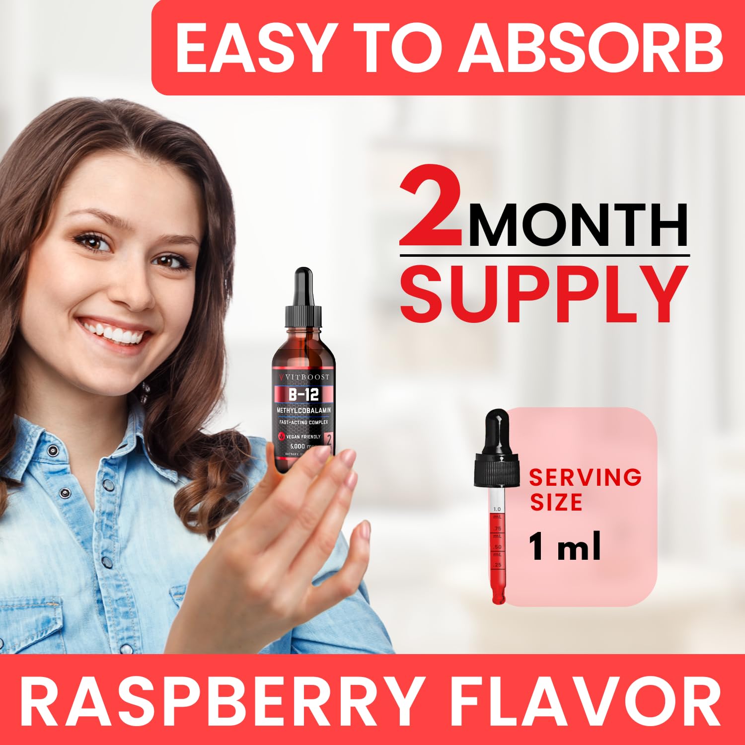 Ingrédients sans allergènes et naturel dans le flacon VitBoost B12.