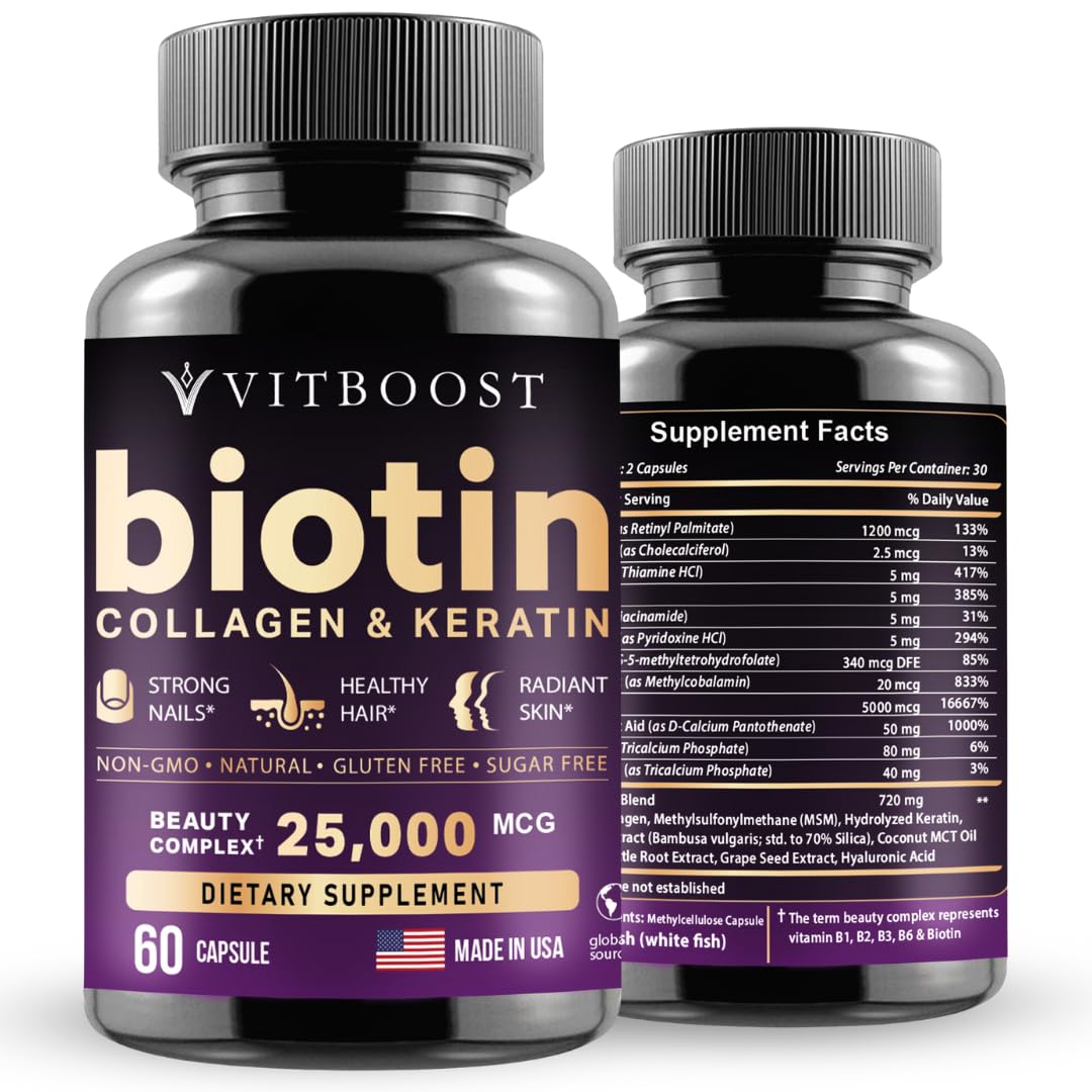 VITBOOST Biotine avec hyaluronique – bouteille visible, cheveux plus forts et brillants.