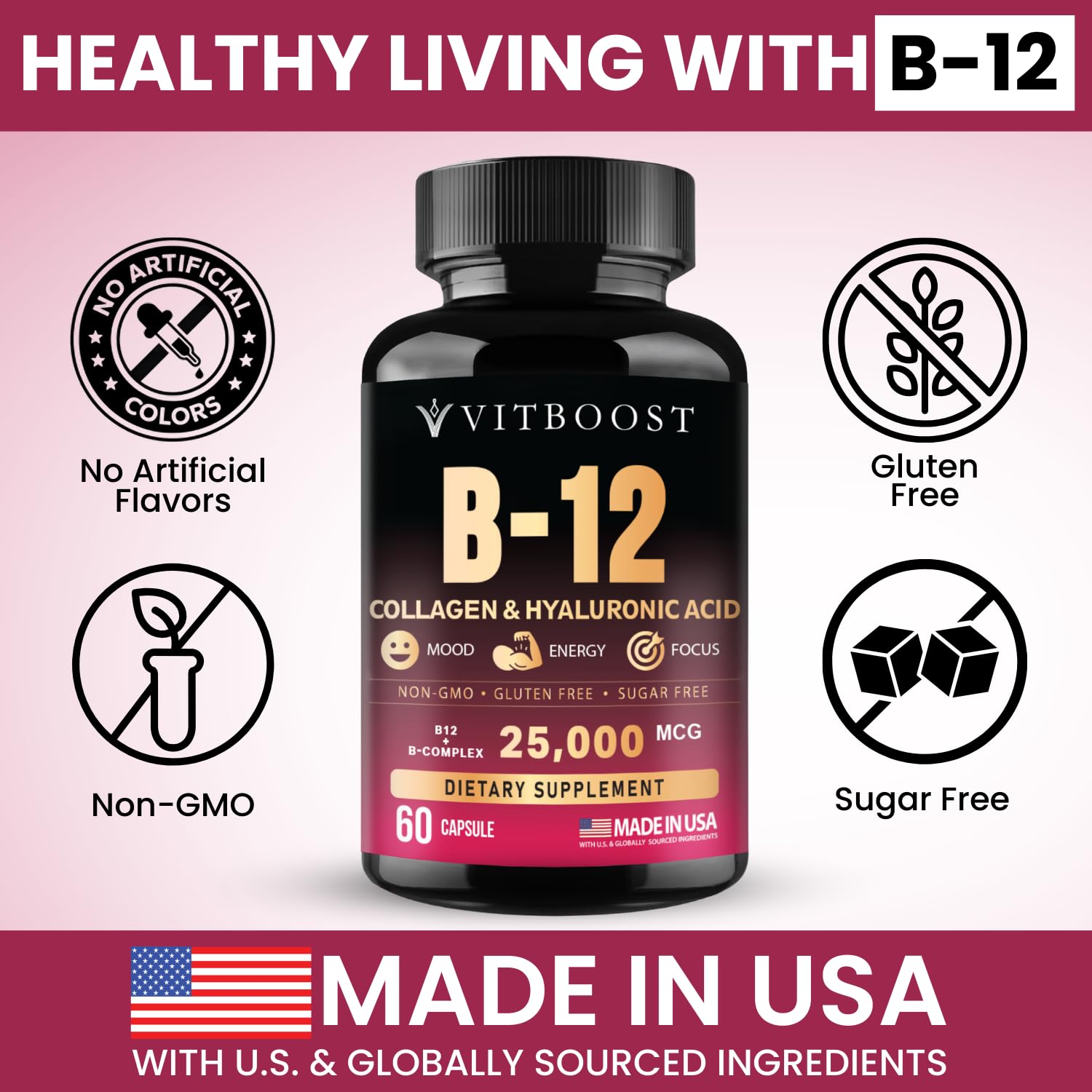 Ingrédients Vitboost B12: collagène, hyaluronique et folate pour peau et énergie.
