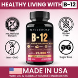 Ingrédients Vitboost B12: collagène, hyaluronique et folate pour peau et énergie.