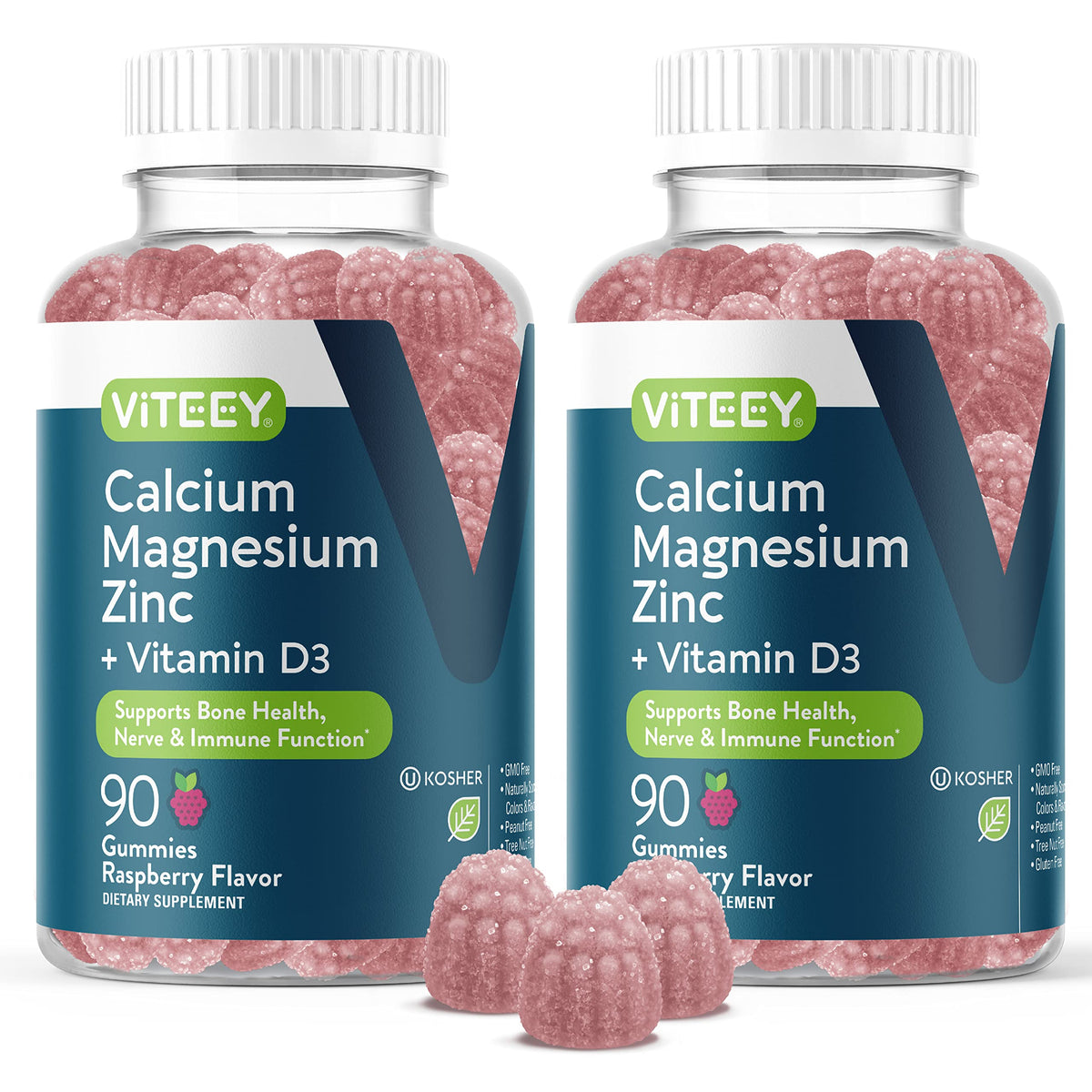 Viteey calcium magnésium zinc gommes dans un flacon pratique pour un usage quotidien.